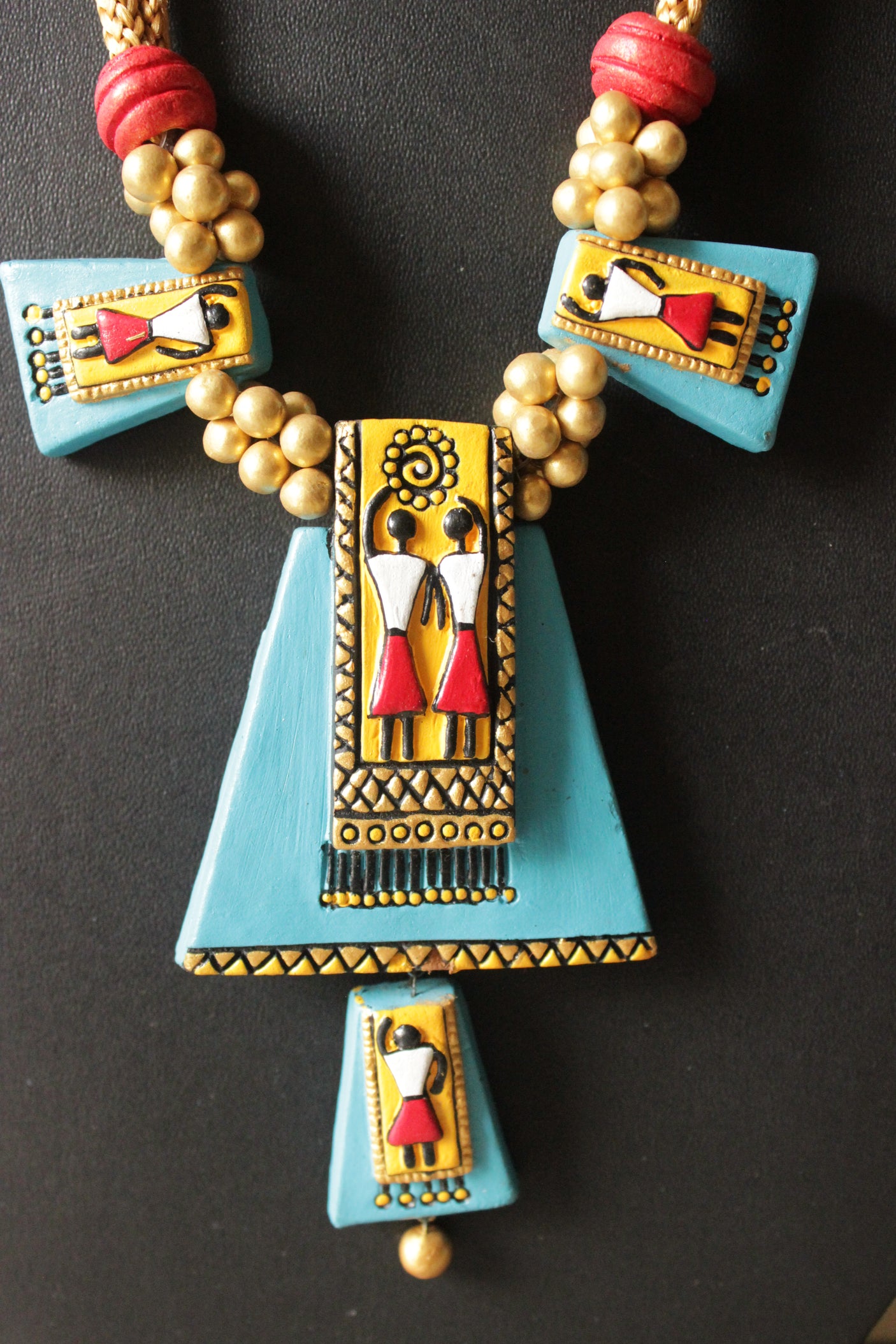 Hand Painted Tribal Motifs Adjustable Length Terracotta Clay Necklace Set
