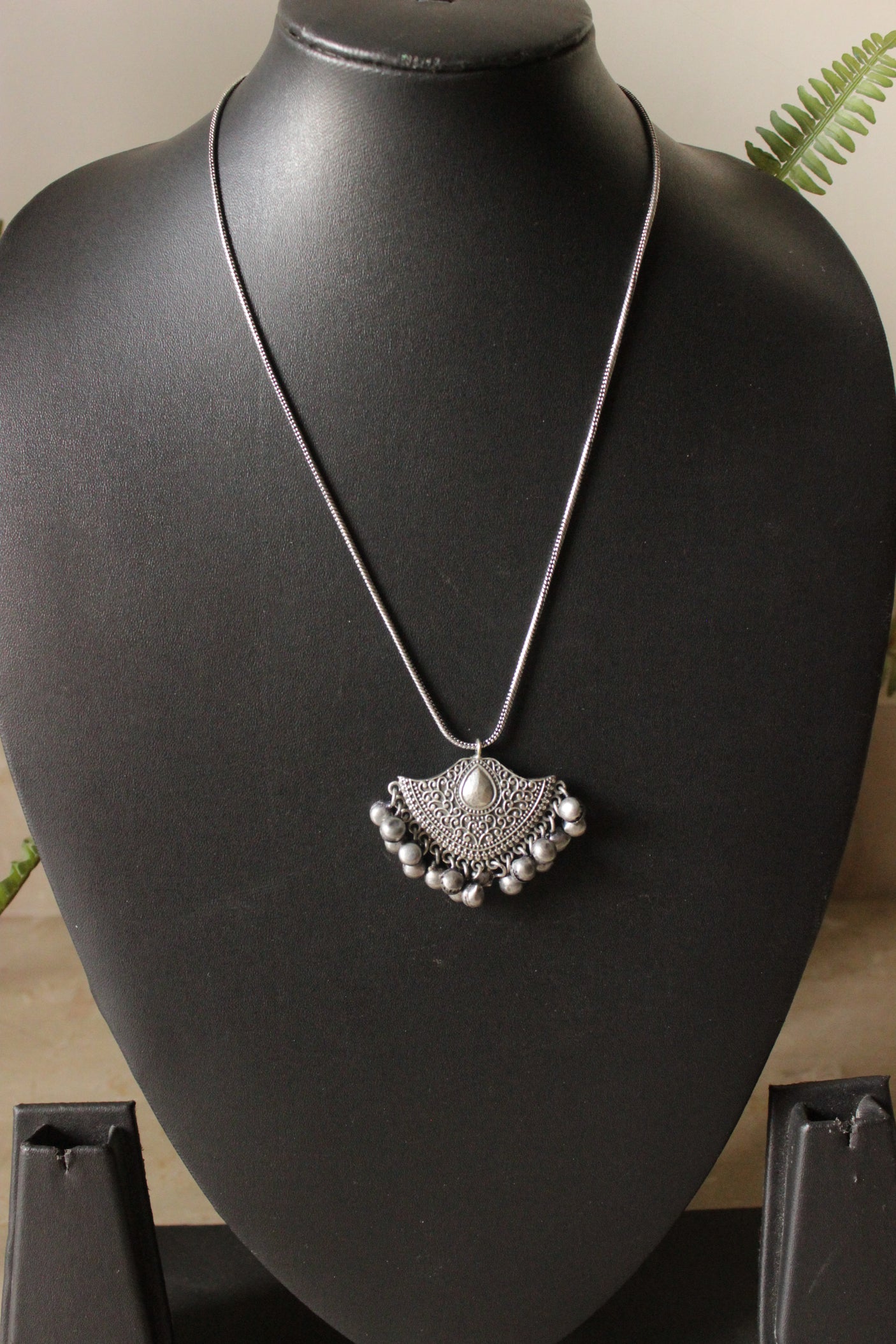 Oxidised Silver Metal Beads Embellished Chain Necklace