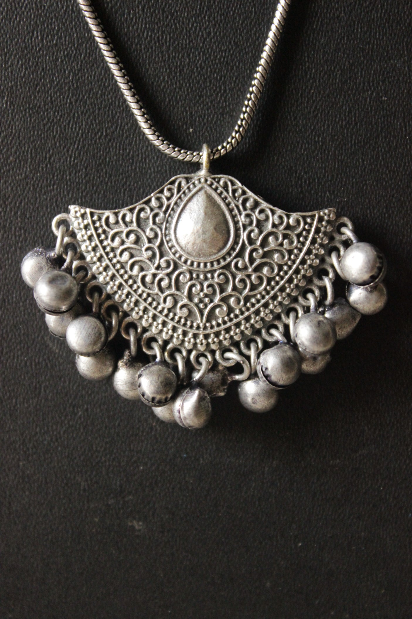Oxidised Silver Metal Beads Embellished Chain Necklace