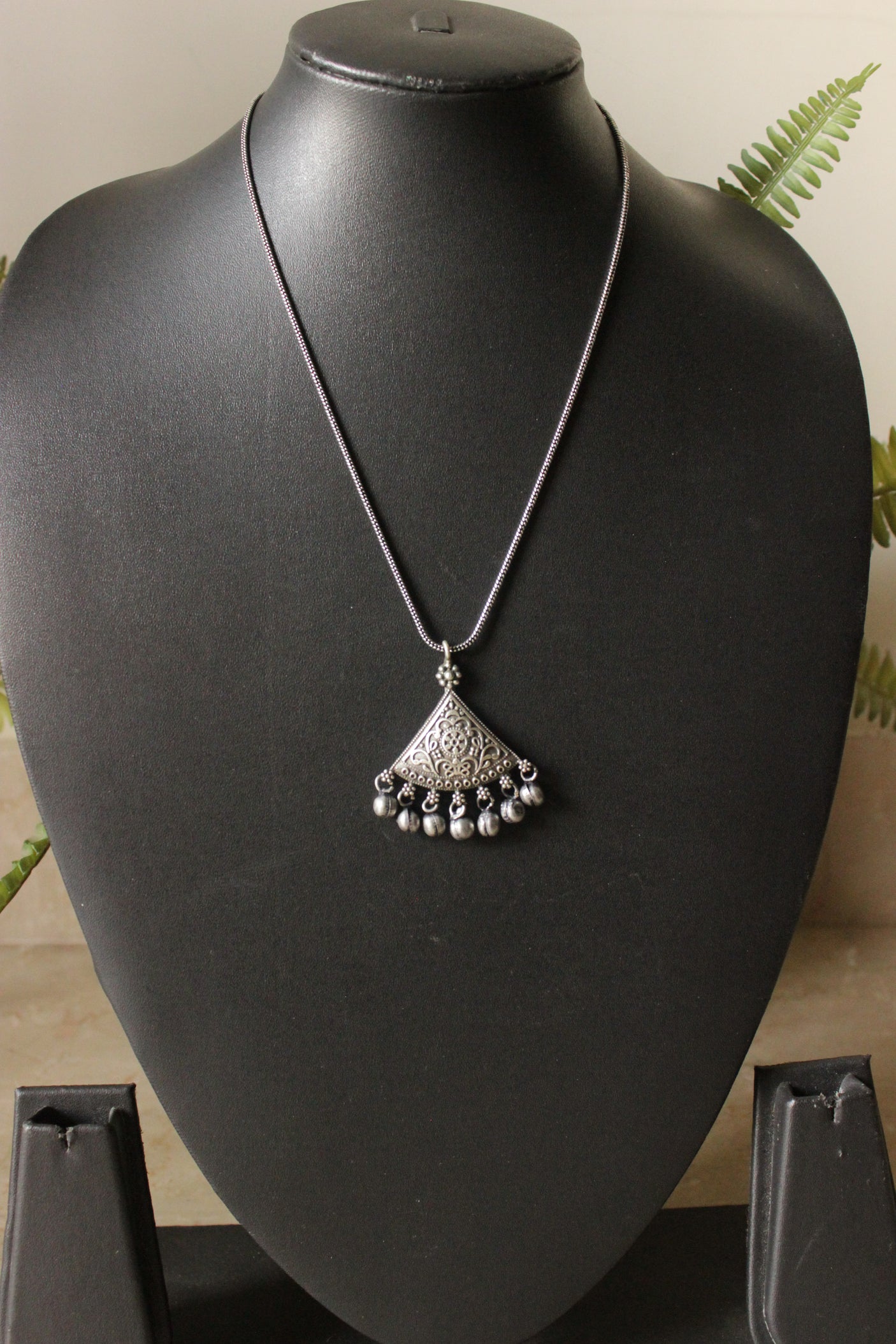 Oxidised Silver Metal Beads Embellished Triangular Chain Necklace