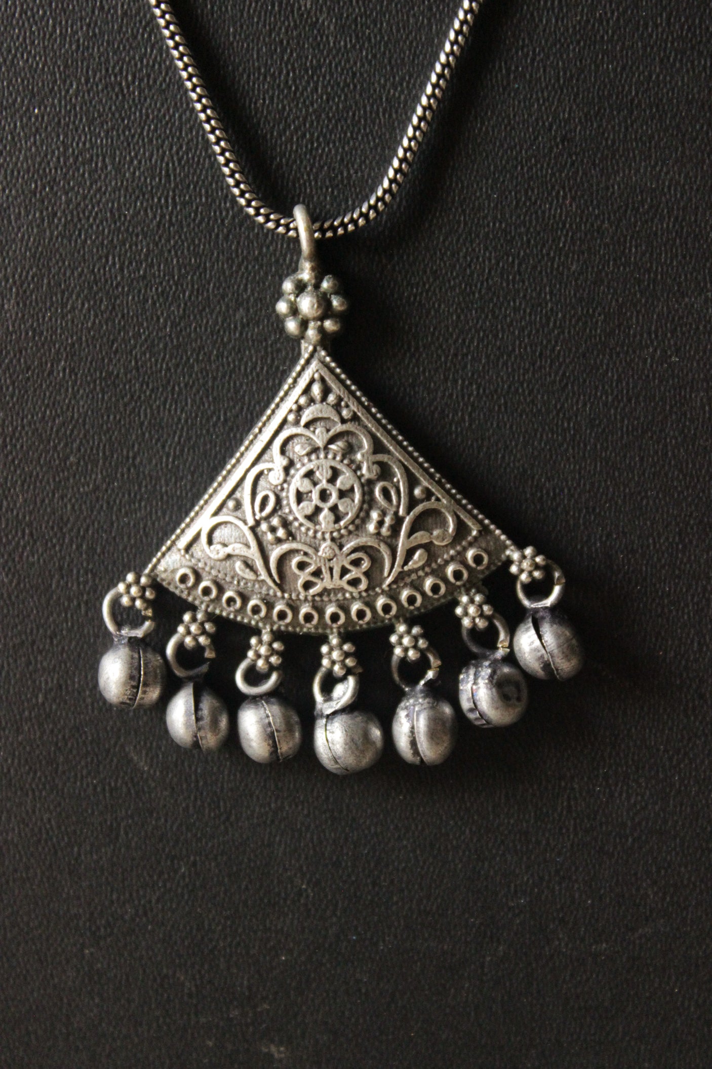 Oxidised Silver Metal Beads Embellished Triangular Chain Necklace