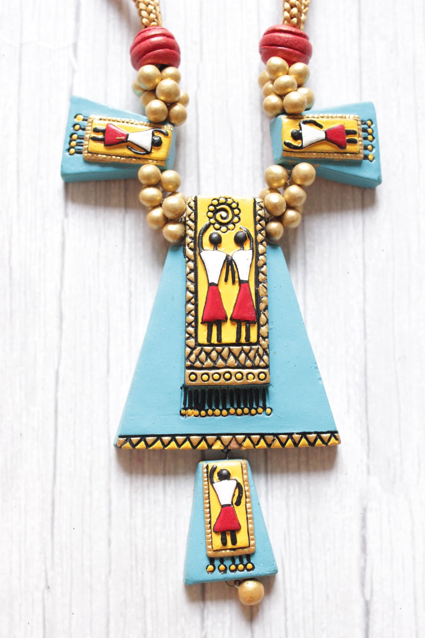 Hand Painted Tribal Motifs Adjustable Length Terracotta Clay Necklace Set