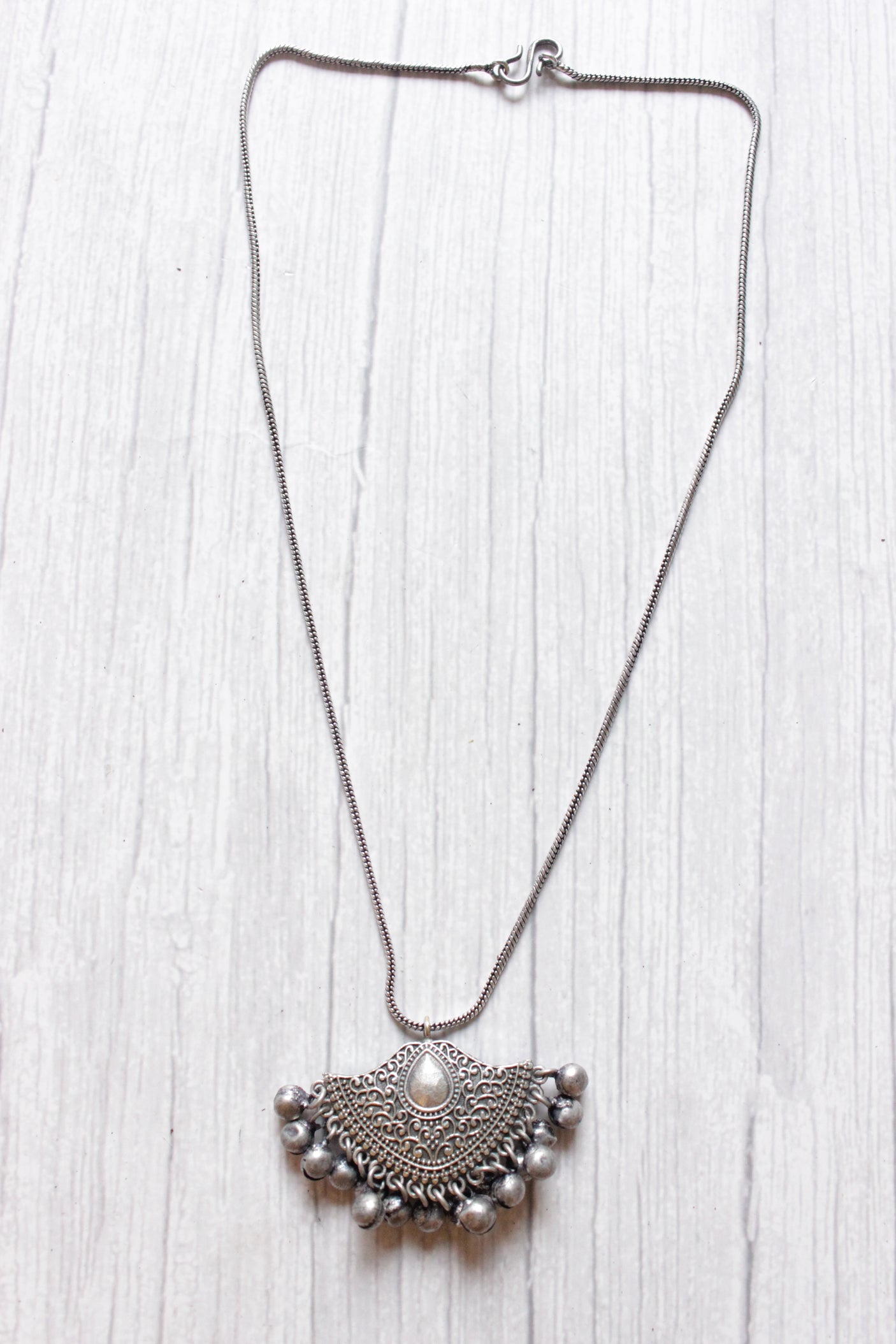 Oxidised Silver Metal Beads Embellished Chain Necklace