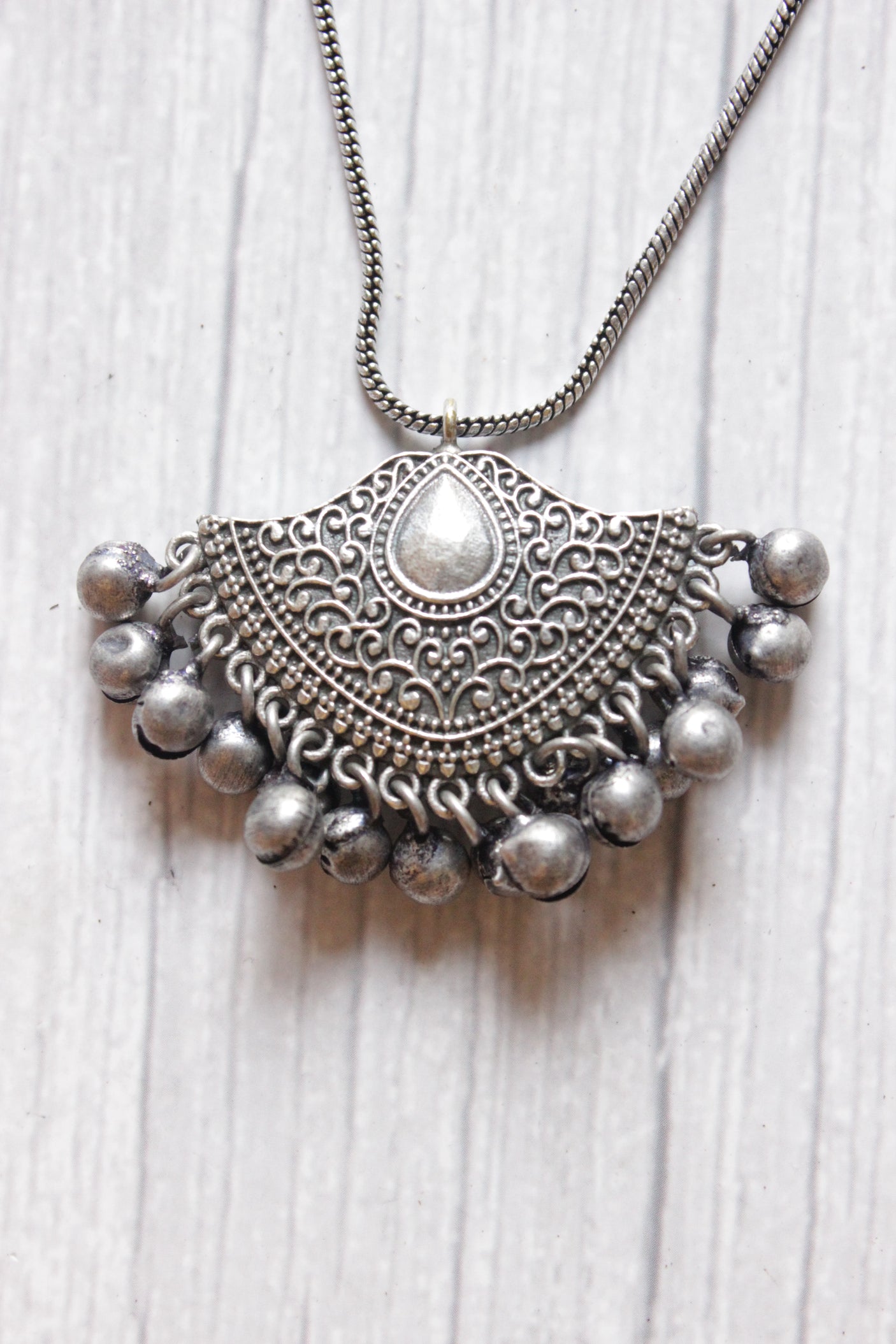 Oxidised Silver Metal Beads Embellished Chain Necklace