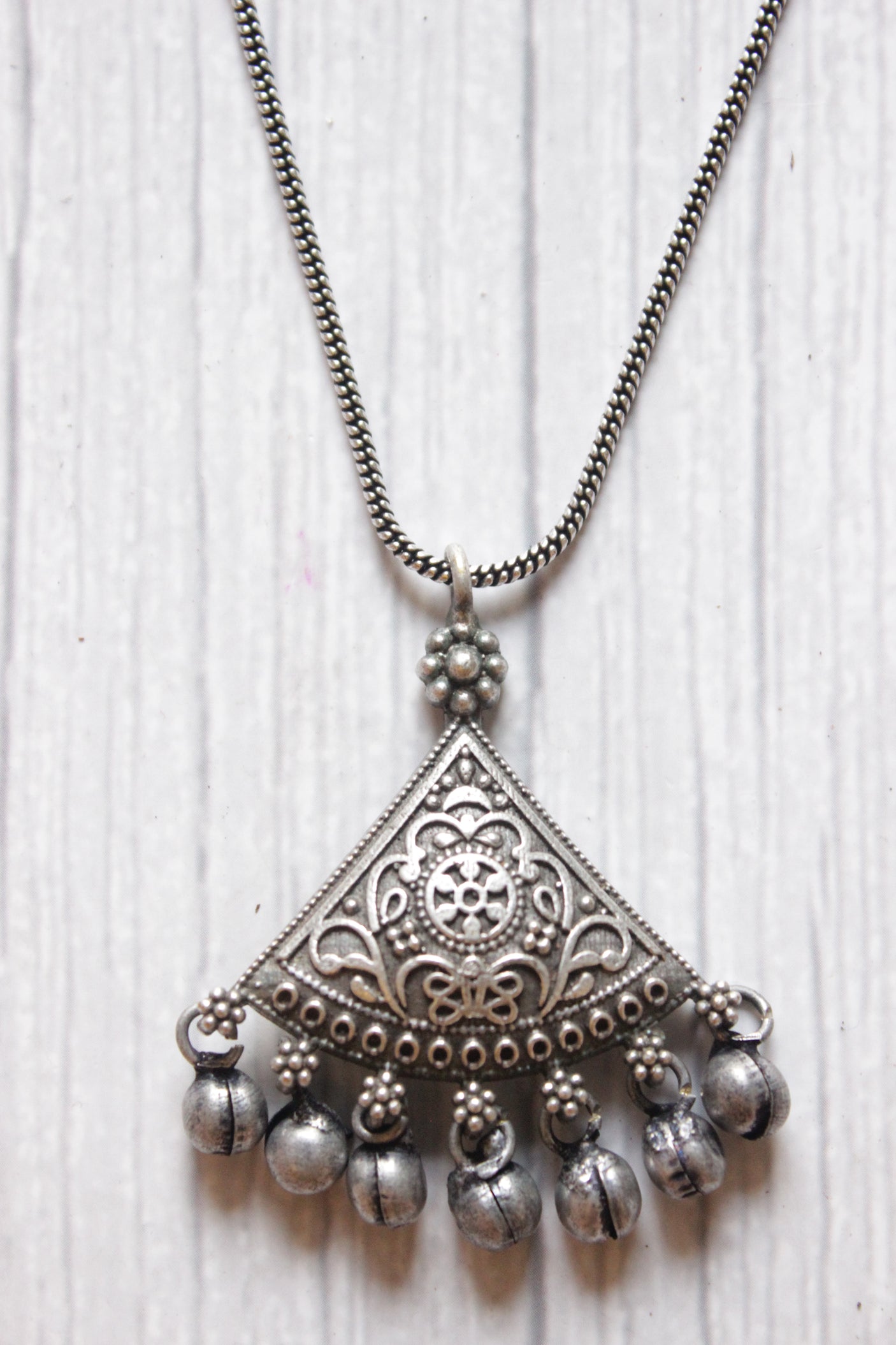 Oxidised Silver Metal Beads Embellished Triangular Chain Necklace
