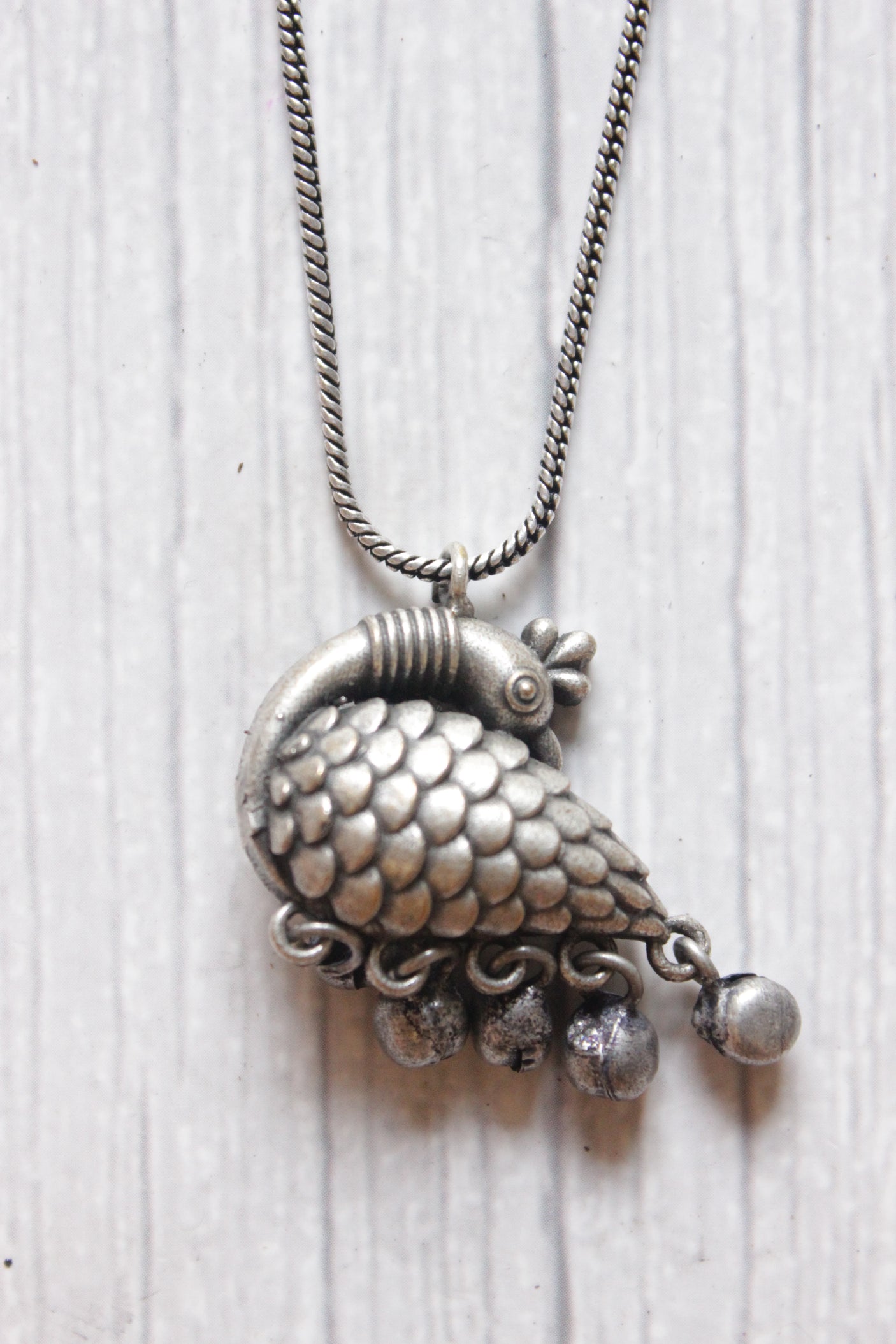 Oxidised Silver Peacock Motif Chain Necklace