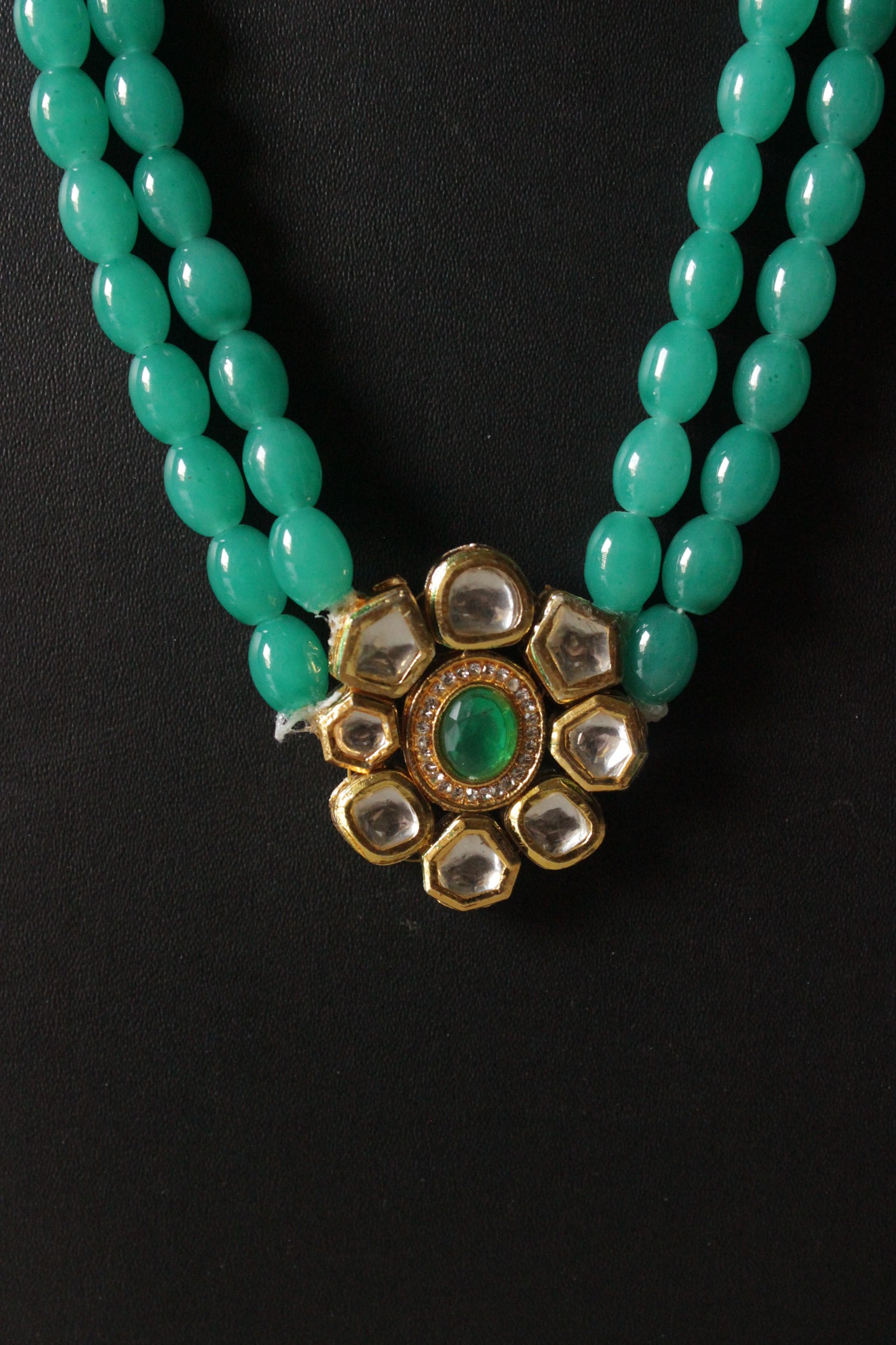 Turquoise Glass Beads and Kundan Stones 2 Layer Adjustable Length Necklace Set with Flower Stud Earrings