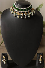 Load image into Gallery viewer, Green Glass Beads and White Beads Braided Adjustable Length Festive Choker Necklace Set
