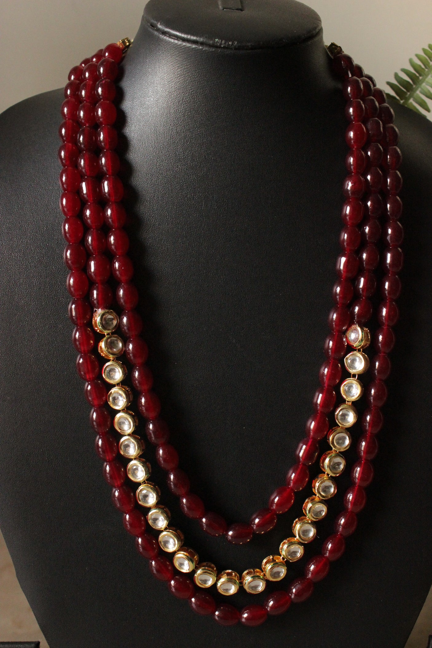 Maroon Glass Beads and Kundan Stones 3 Layer Adjustable Length Necklace Set