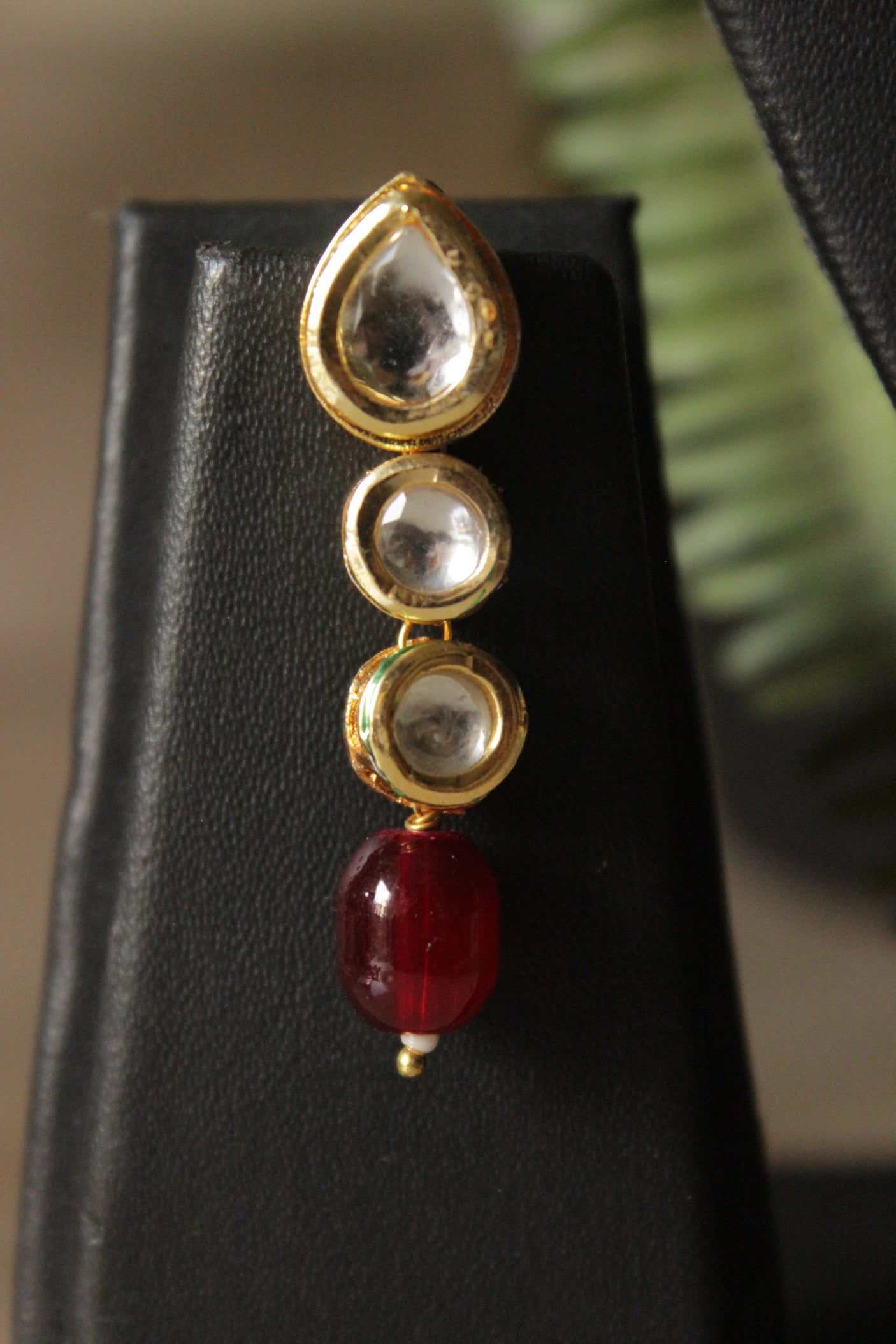 Maroon Glass Beads and Kundan Stones 3 Layer Adjustable Length Necklace Set