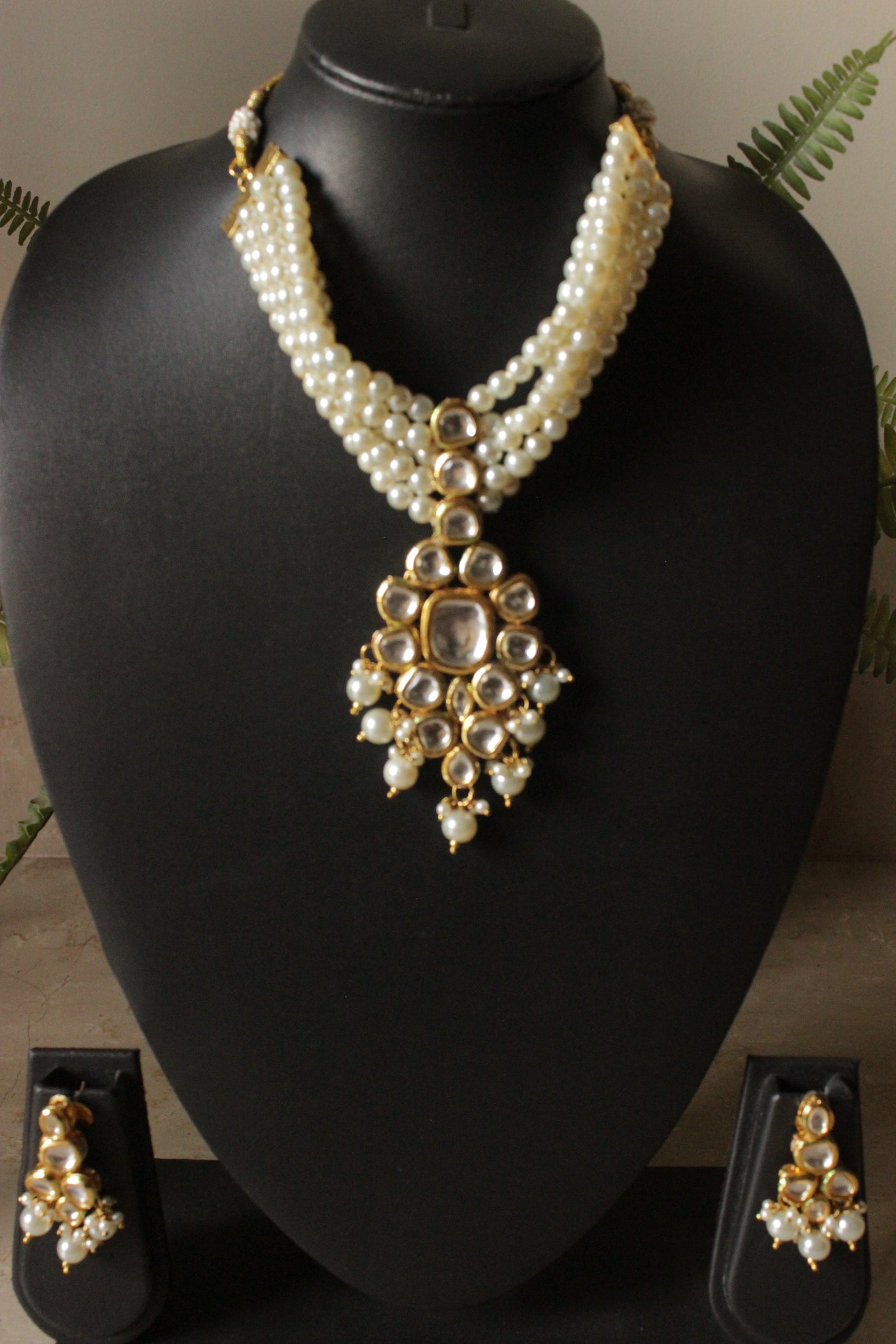 3 Layer Pearl Beads and Kundan Stones Adjustable Length Choker Necklace Set