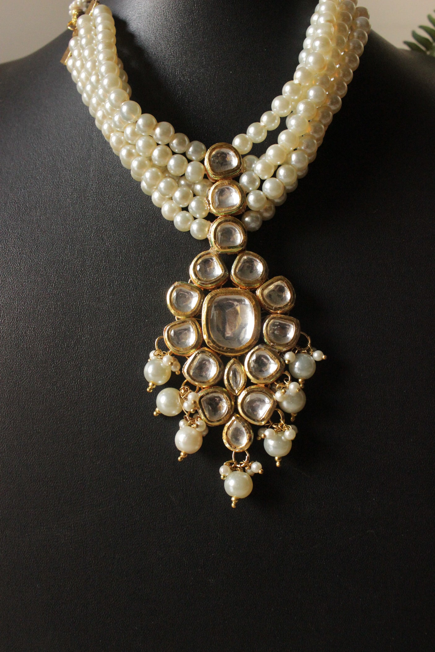 3 Layer Pearl Beads and Kundan Stones Adjustable Length Choker Necklace Set