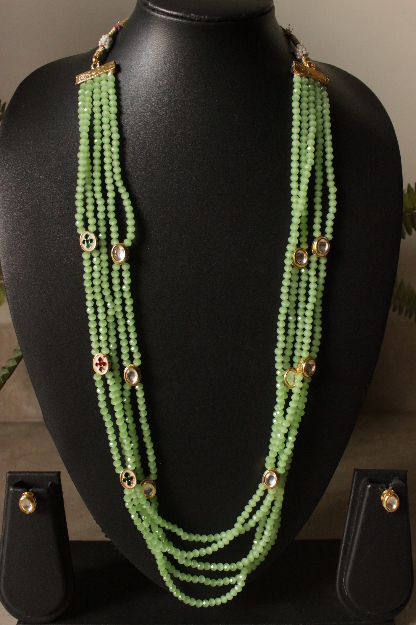 Multi-Layer Lime Green Glass Beads and Kundan Work Necklace Set
