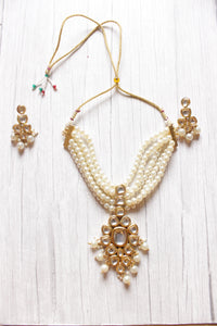 3 Layer Pearl Beads and Kundan Stones Adjustable Length Choker Necklace Set