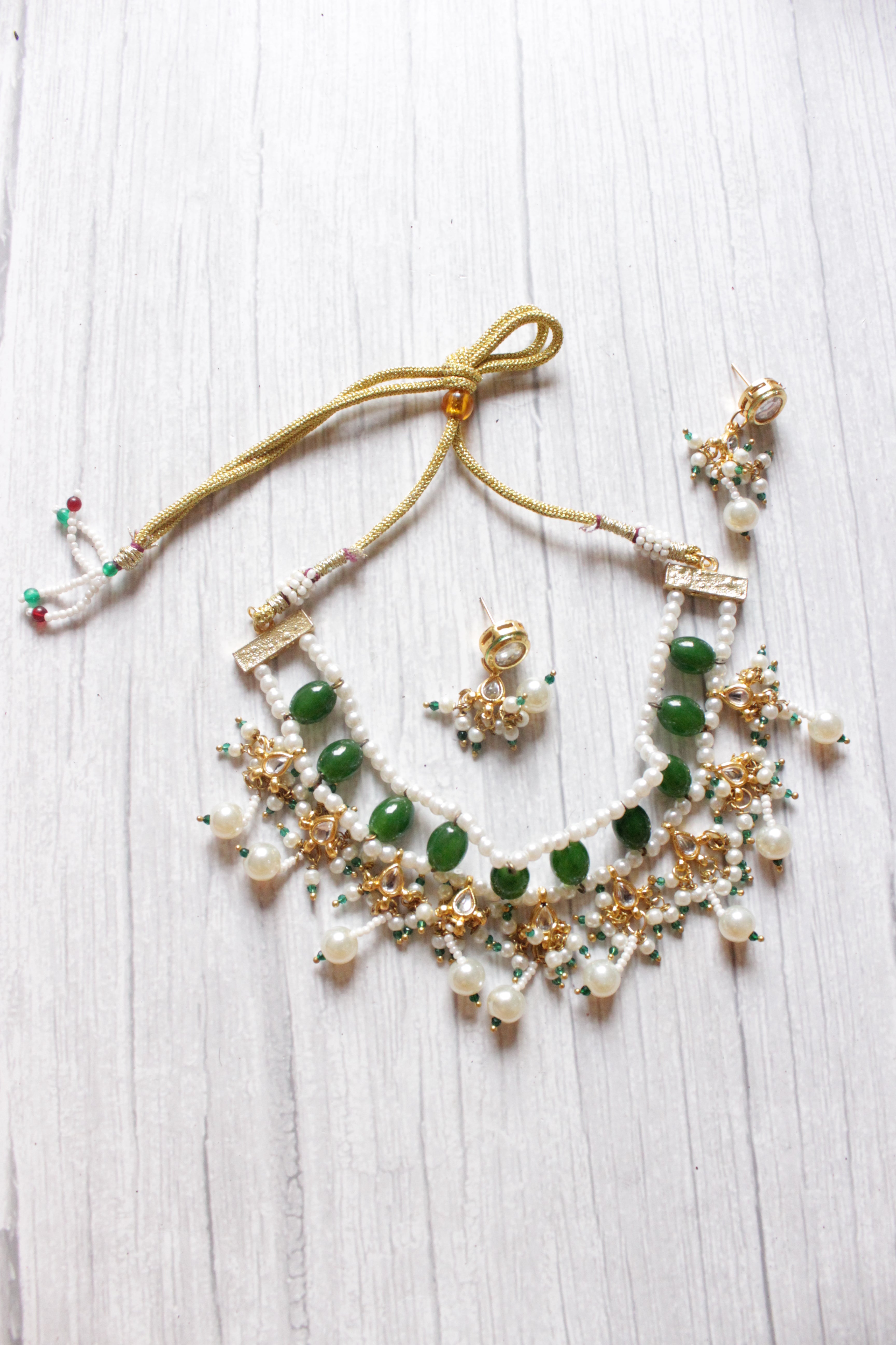 Green Glass Beads and White Beads Braided Adjustable Length Festive Choker Necklace Set