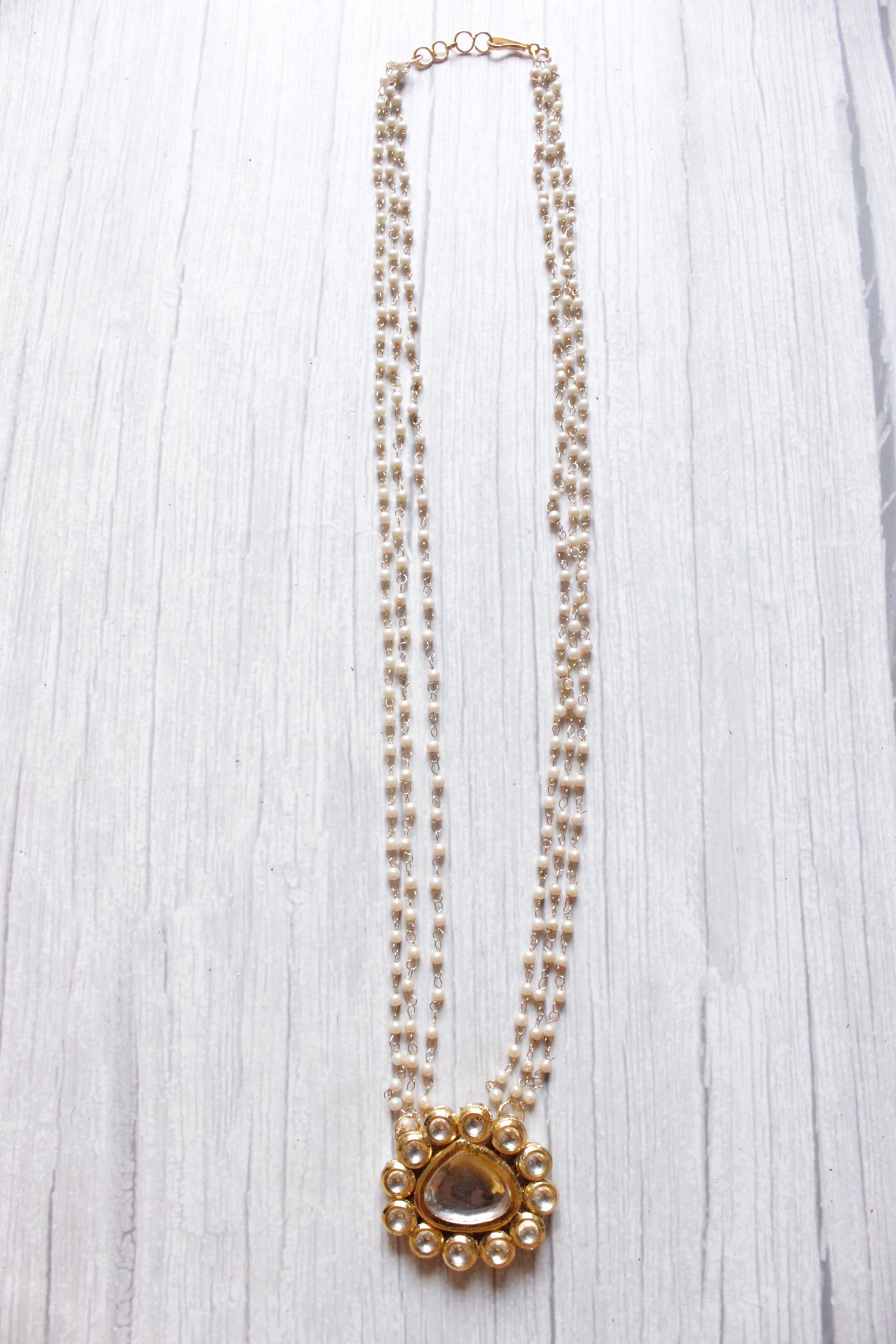 Kundan Stones Embellished Gold Toned White Beads Long Chain Necklace