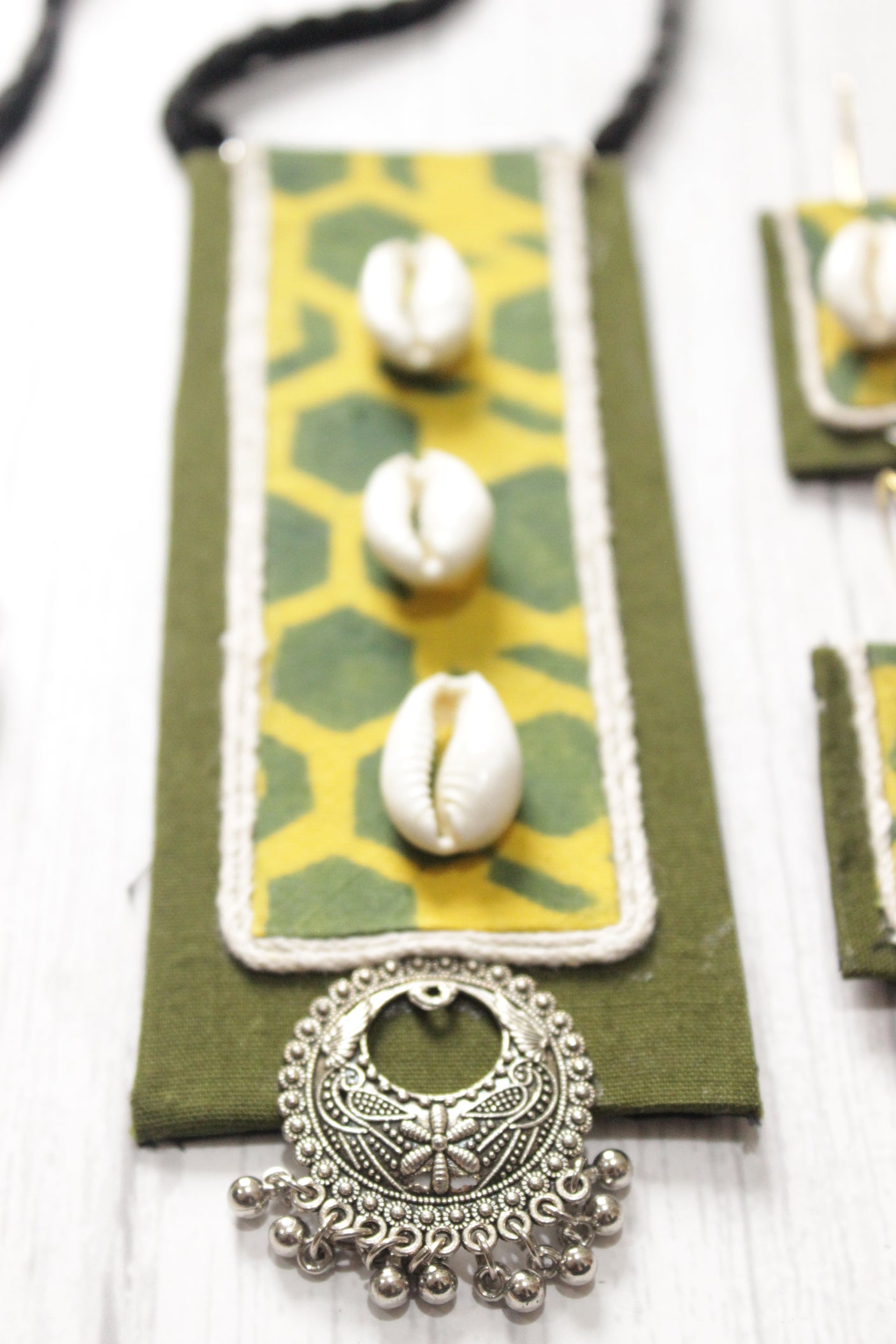 Block Printed Fabric and Shell Work Handmade Necklace Set with Adjustable Thread Closure Necklace Set