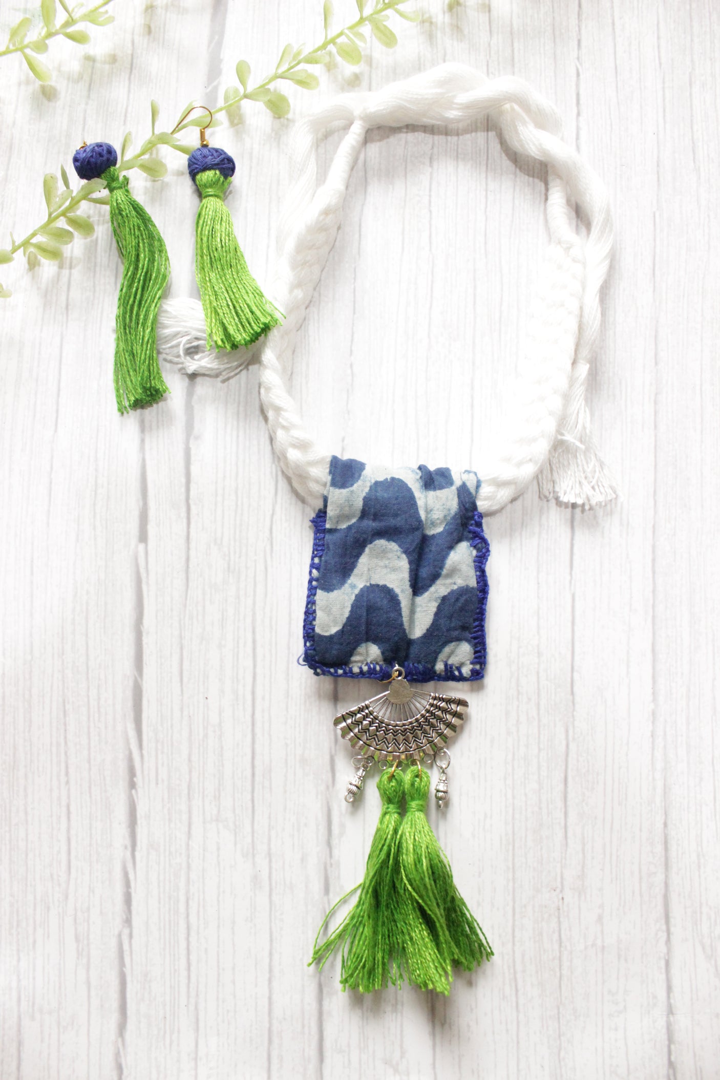 Block Printed Indigo Fabric Hand Embroidered Necklace Set with Adjustable Dori Closure Necklace Set