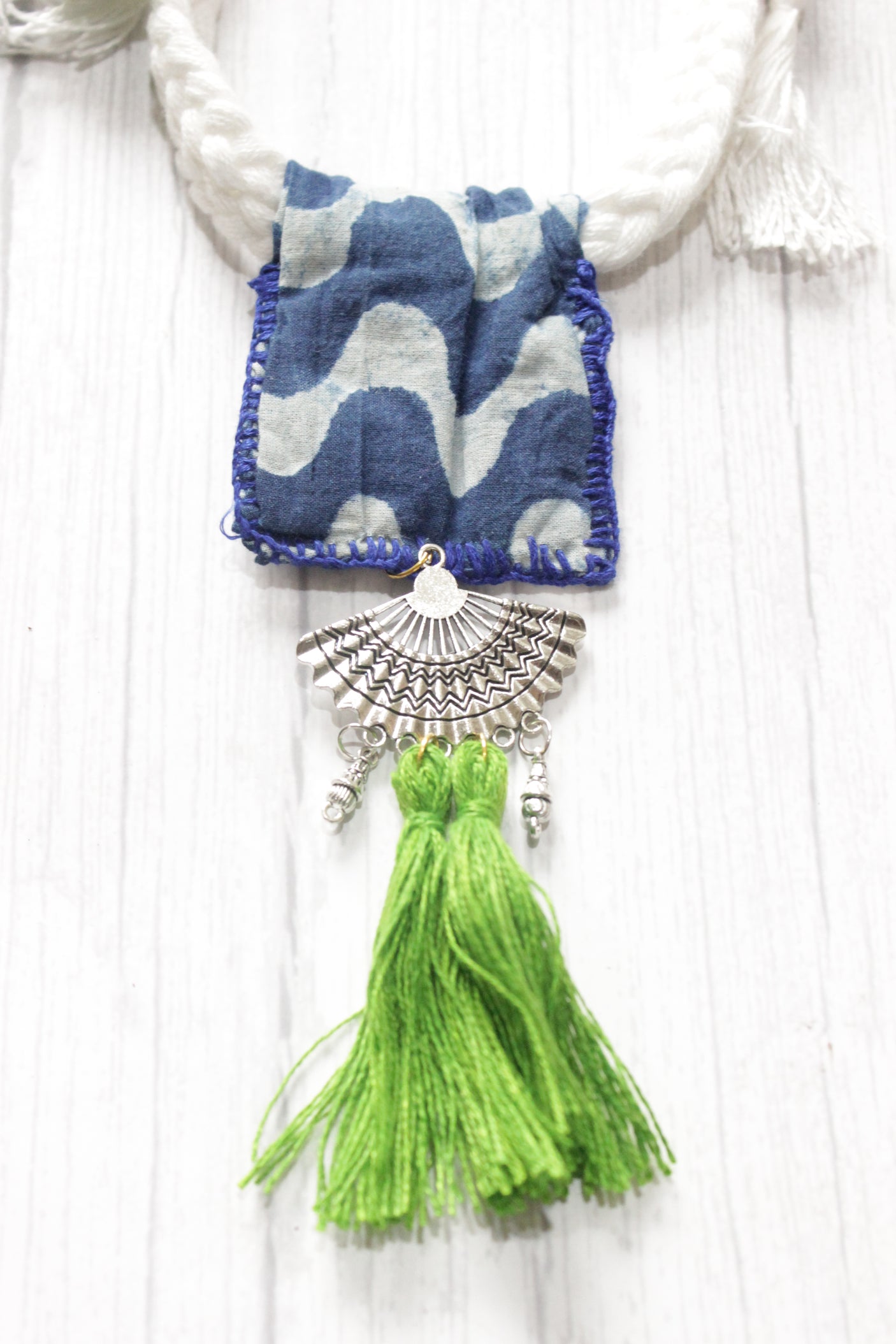 Block Printed Indigo Fabric Hand Embroidered Necklace Set with Adjustable Dori Closure Necklace Set