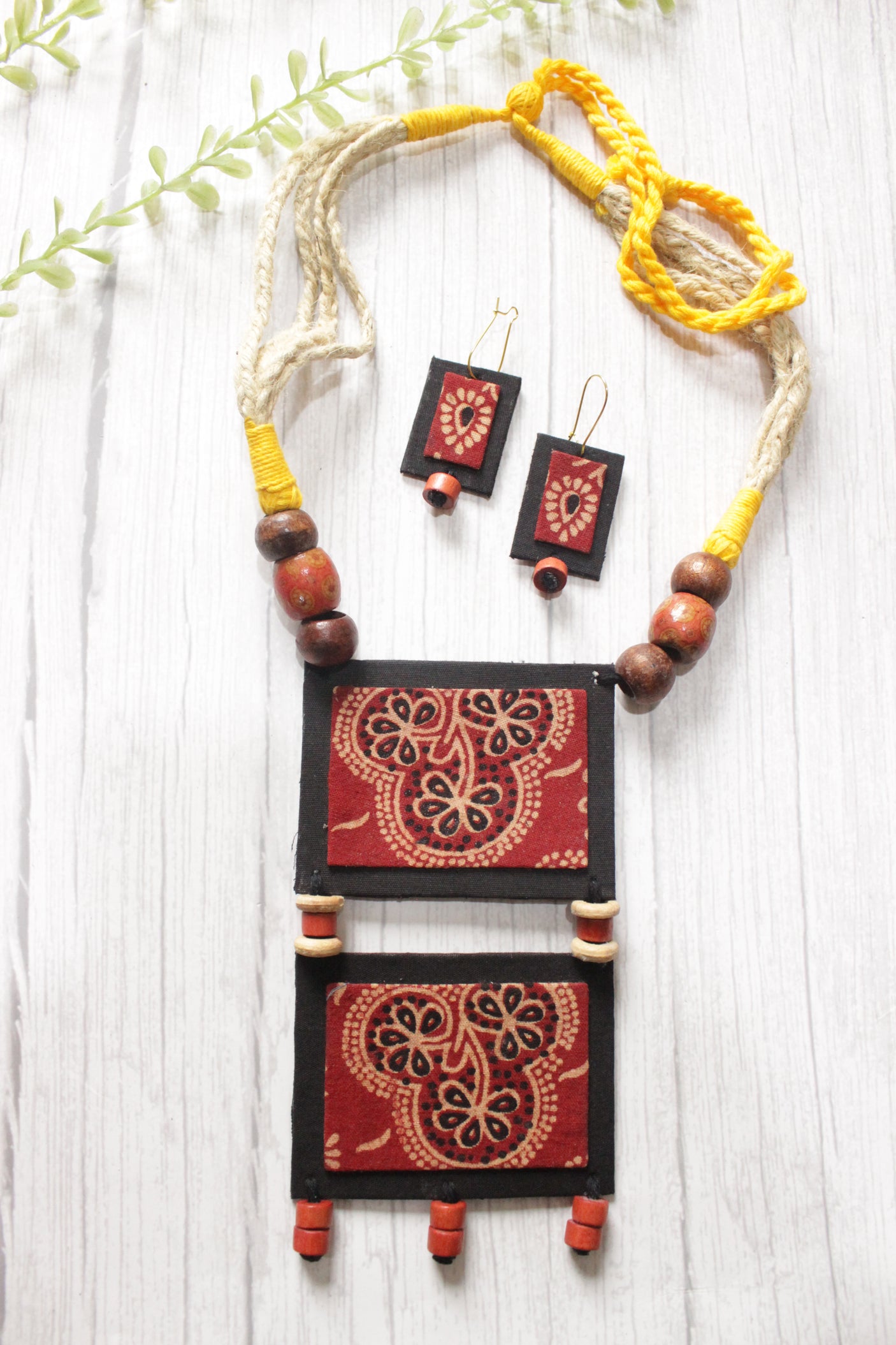 Black & Maroon Ajrakh Fabric Necklace Set with Adjustable Thread Closure Necklace Set