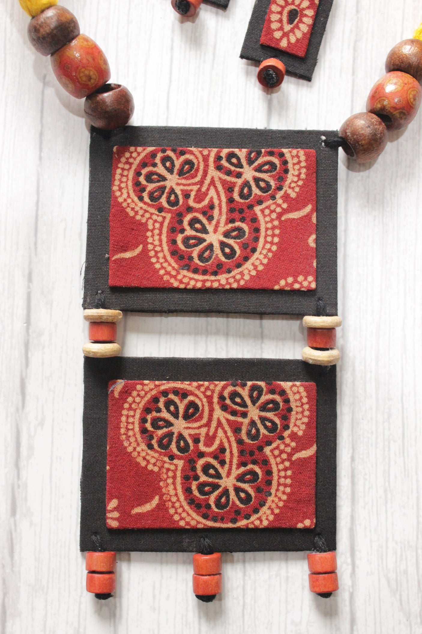 Black & Maroon Ajrakh Fabric Necklace Set with Adjustable Thread Closure Necklace Set