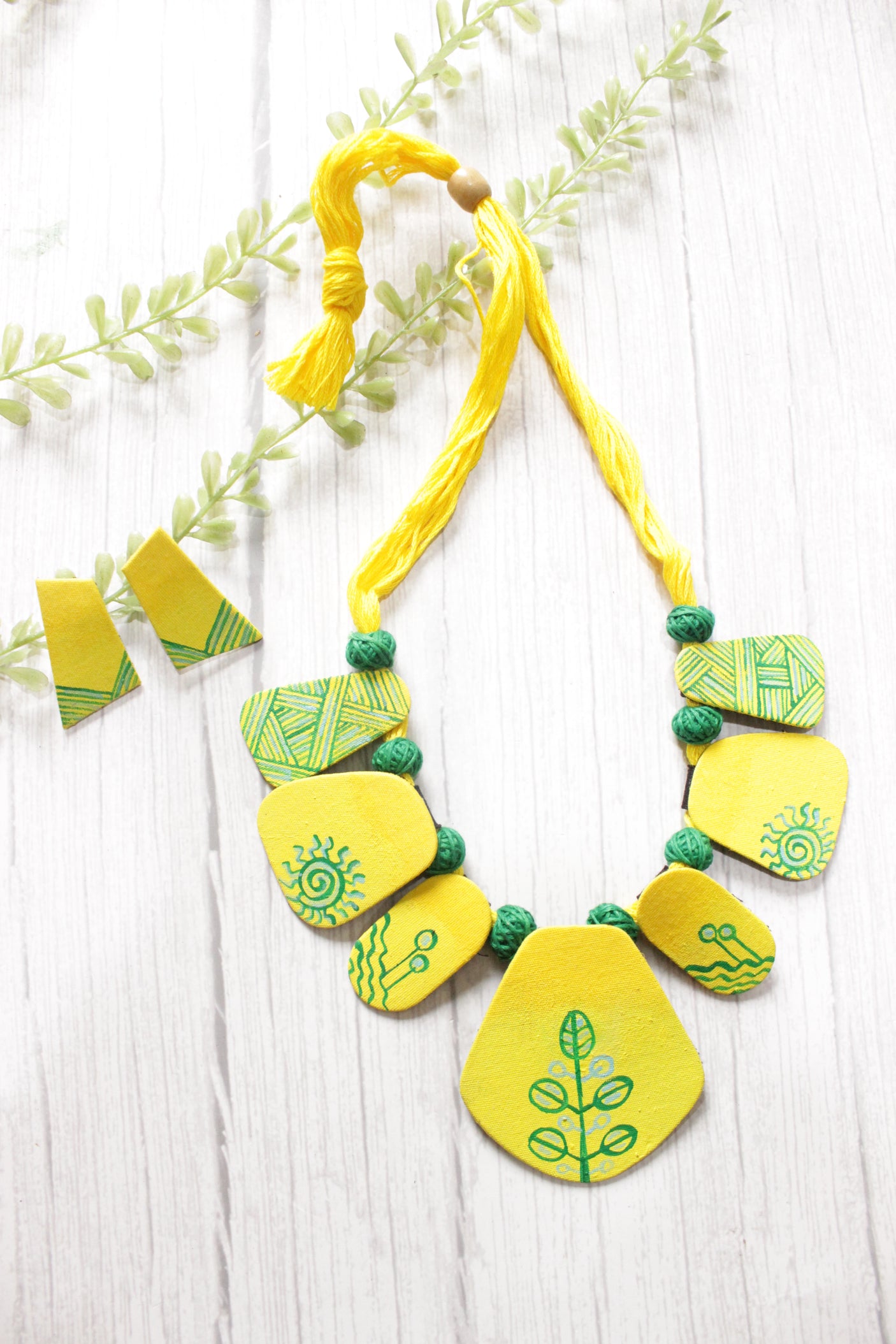 Vibrant Yellow and Green Hand Painted Fabric Choker Necklace Set with Adjustable Closure