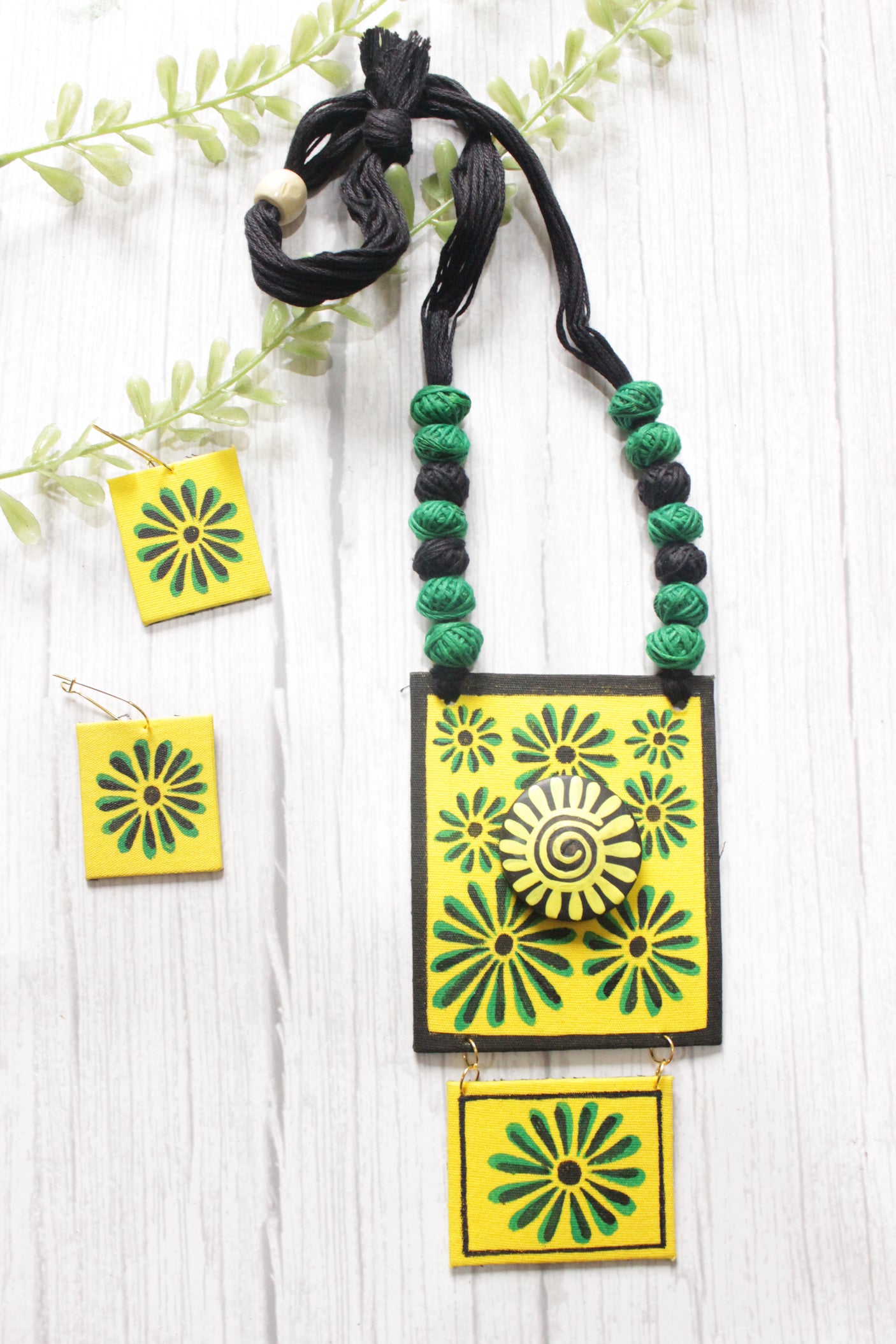 Flower Painted Vibrant Yellow and Green Fabric Choker Necklace Set with Adjustable Thread Closure
