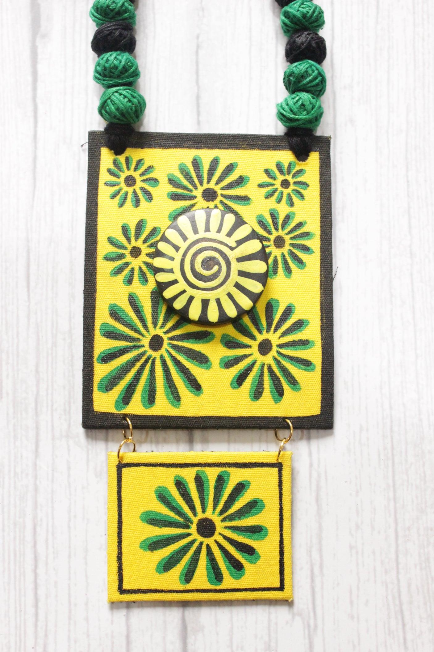 Flower Painted Vibrant Yellow and Green Fabric Choker Necklace Set with Adjustable Thread Closure