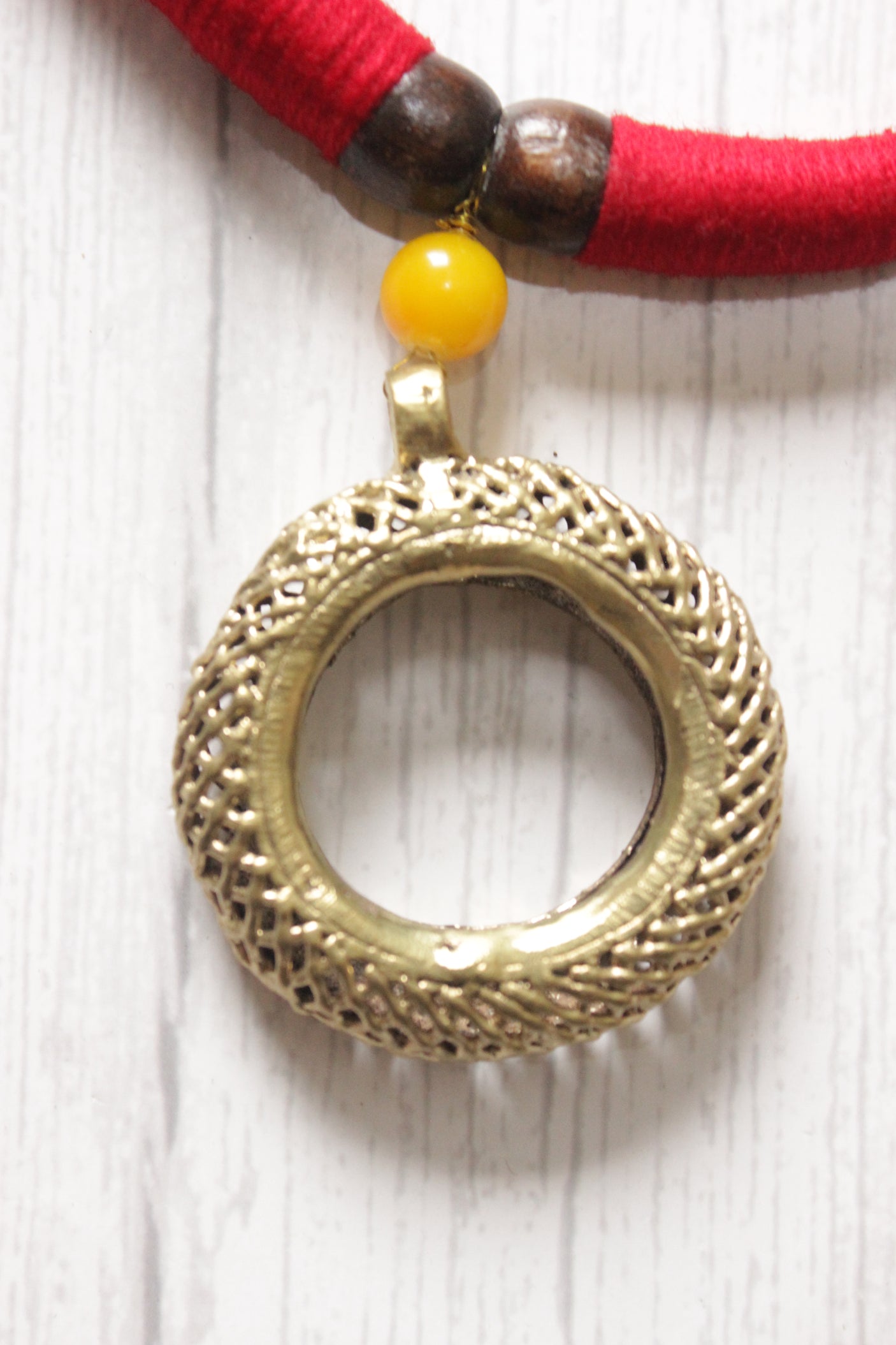 Dhokra Pendant Braided Red Necklace Set