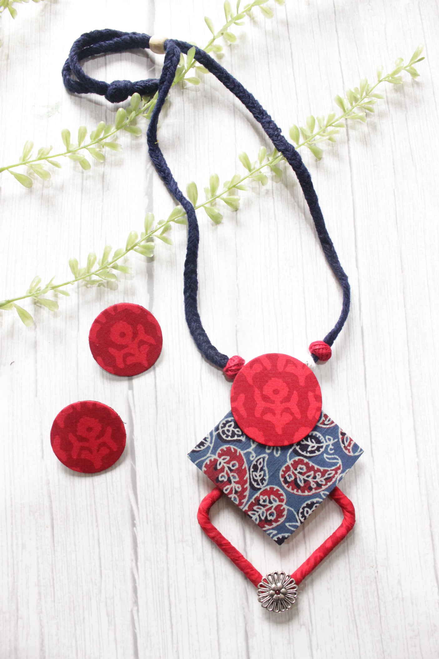 Indigo & Red Fabric Choker Necklace Set with Stud Earrings and Adjustable Thread Closure