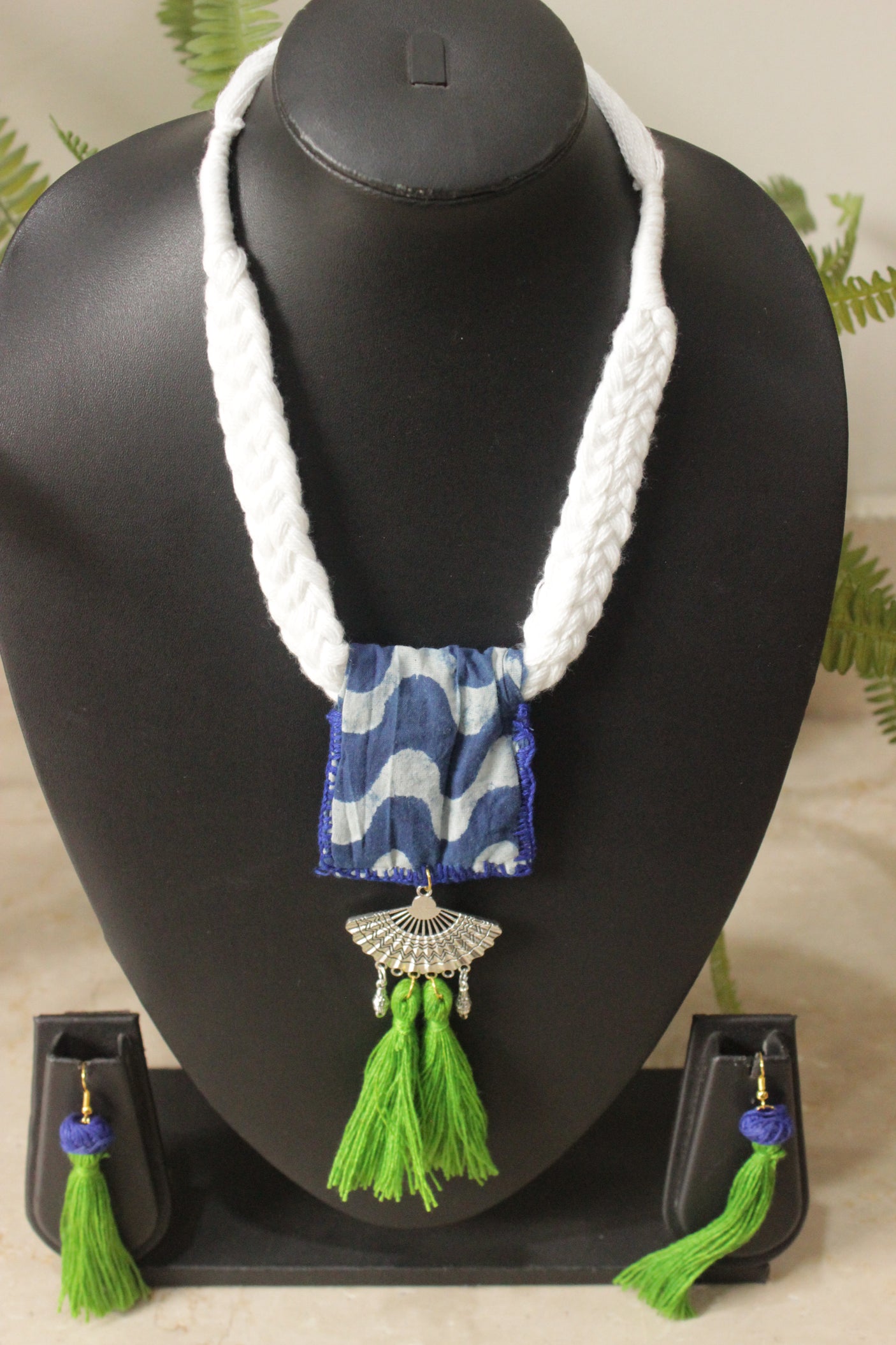 Block Printed Indigo Fabric Hand Embroidered Necklace Set with Adjustable Dori Closure Necklace Set
