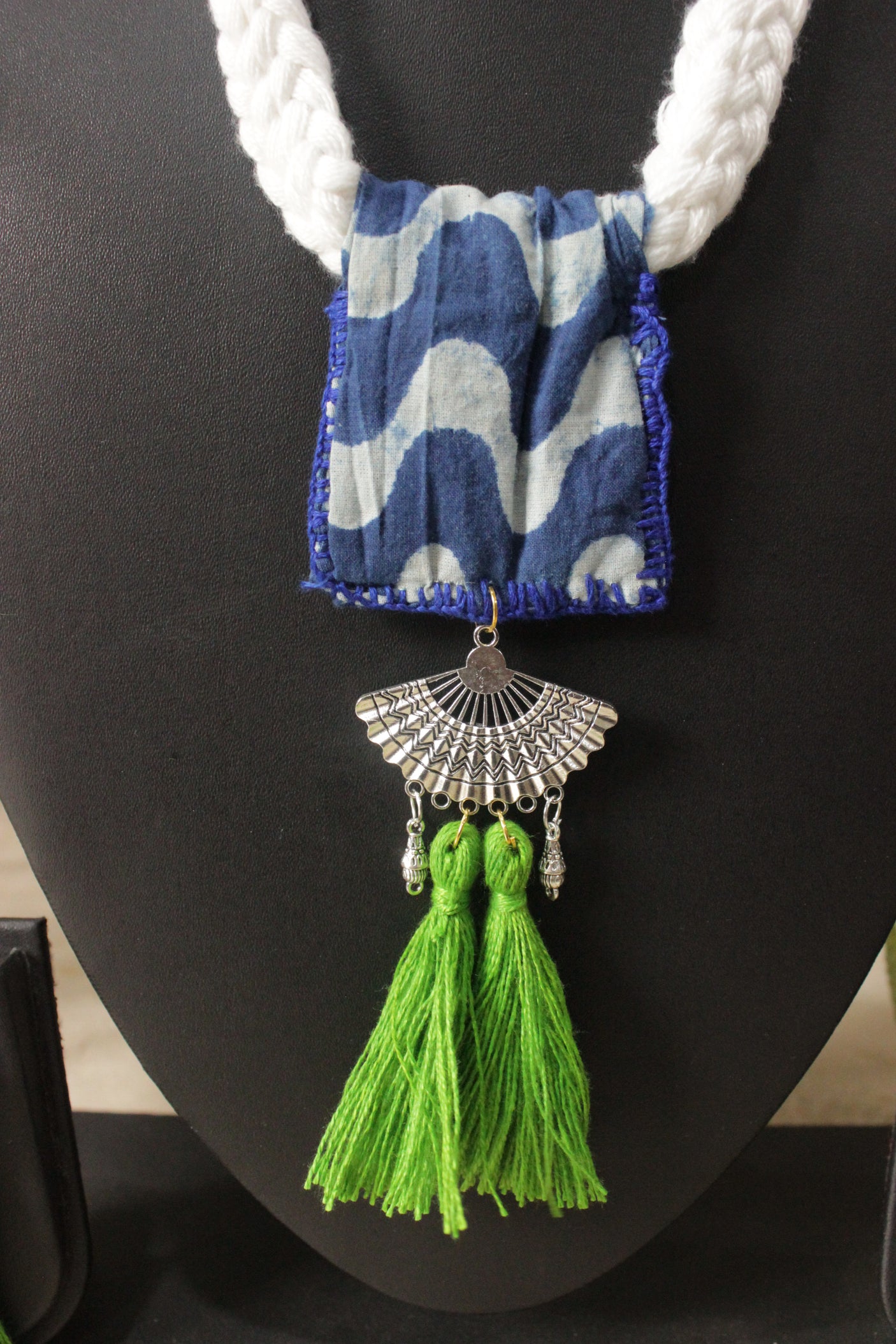 Block Printed Indigo Fabric Hand Embroidered Necklace Set with Adjustable Dori Closure Necklace Set