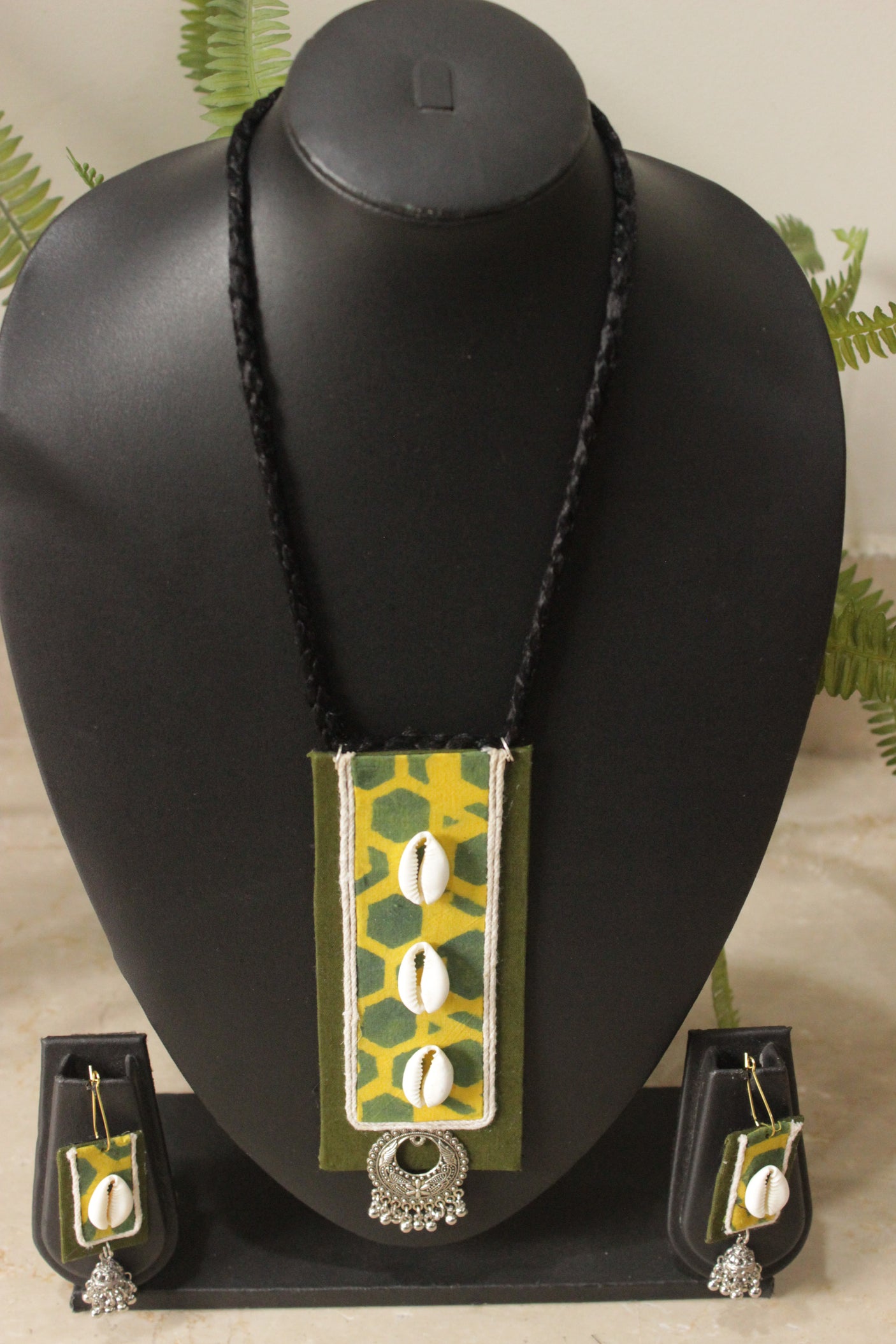 Block Printed Fabric and Shell Work Handmade Necklace Set with Adjustable Thread Closure Necklace Set