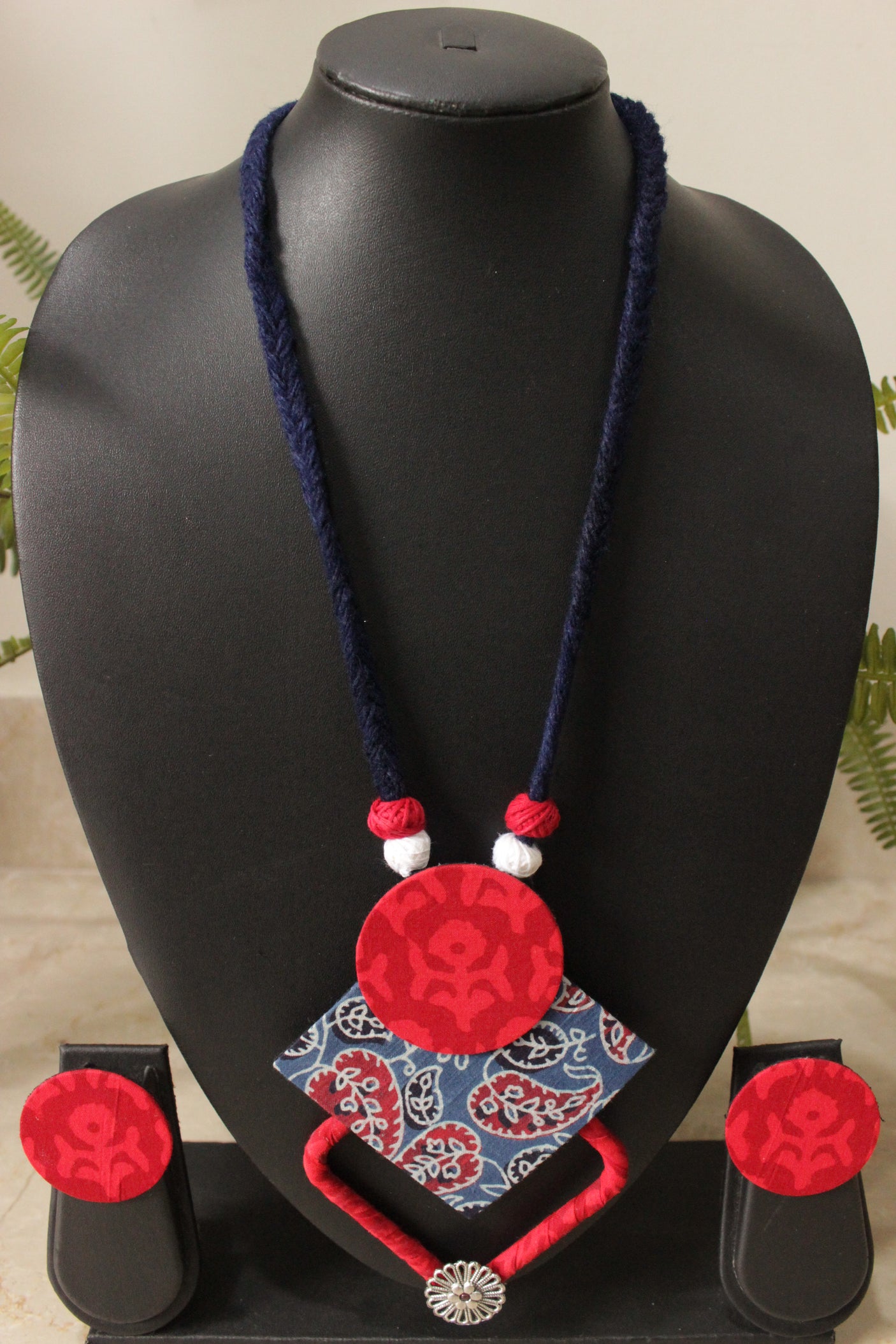 Indigo & Red Fabric Choker Necklace Set with Stud Earrings and Adjustable Thread Closure