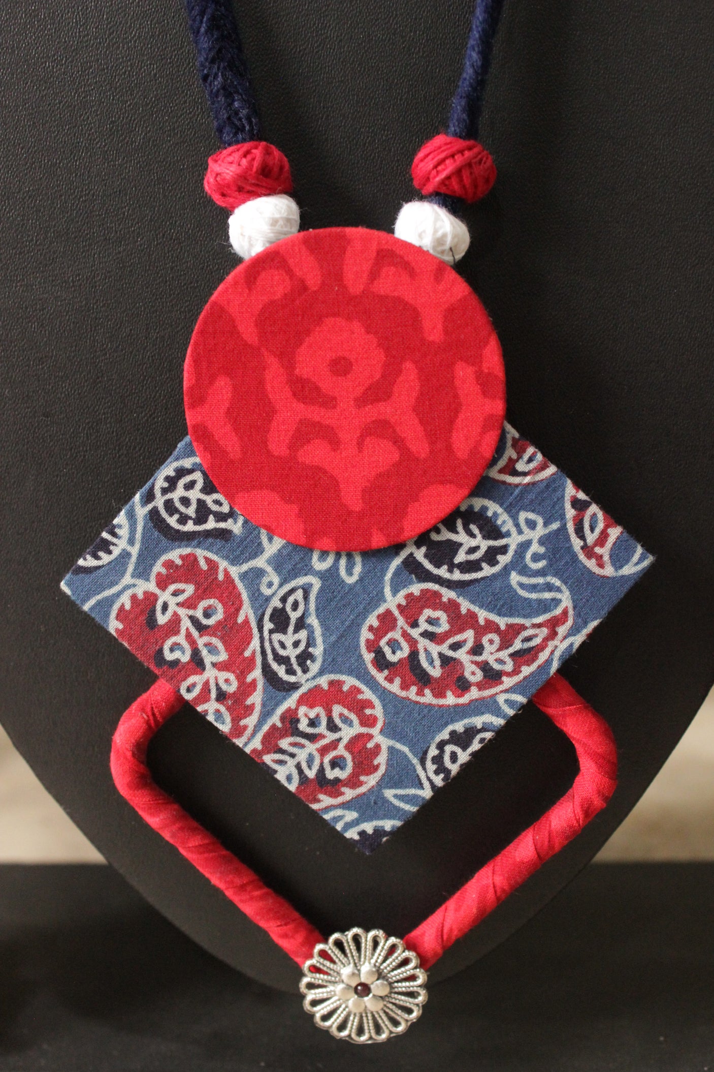 Indigo & Red Fabric Choker Necklace Set with Stud Earrings and Adjustable Thread Closure