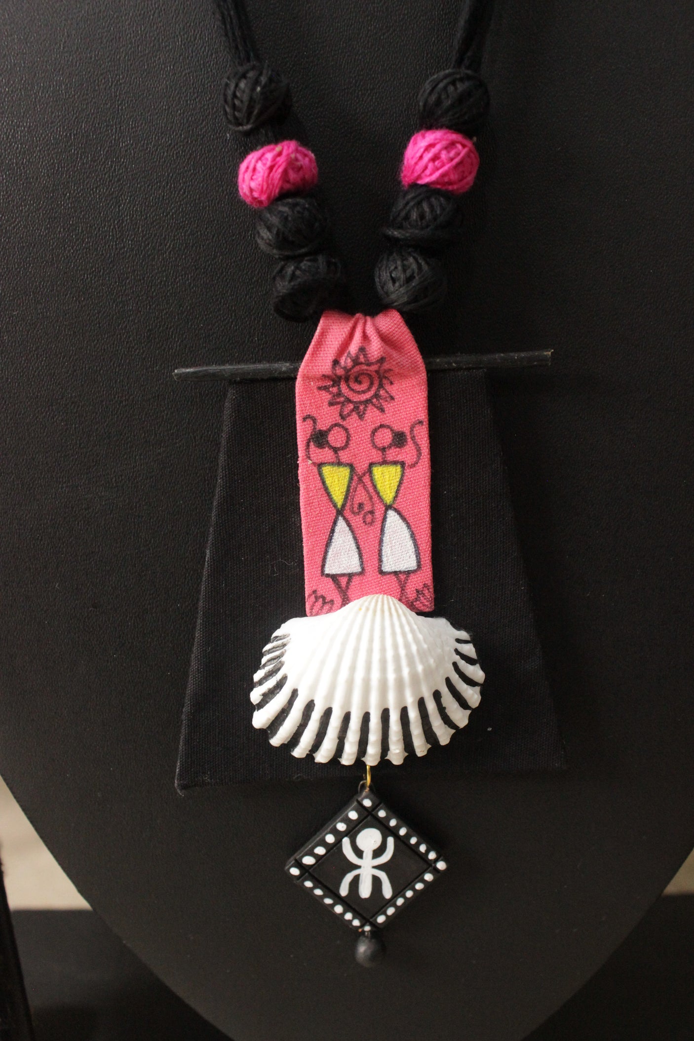Black and Pink Tribal Hand Painted Fabric Choker Necklace Set