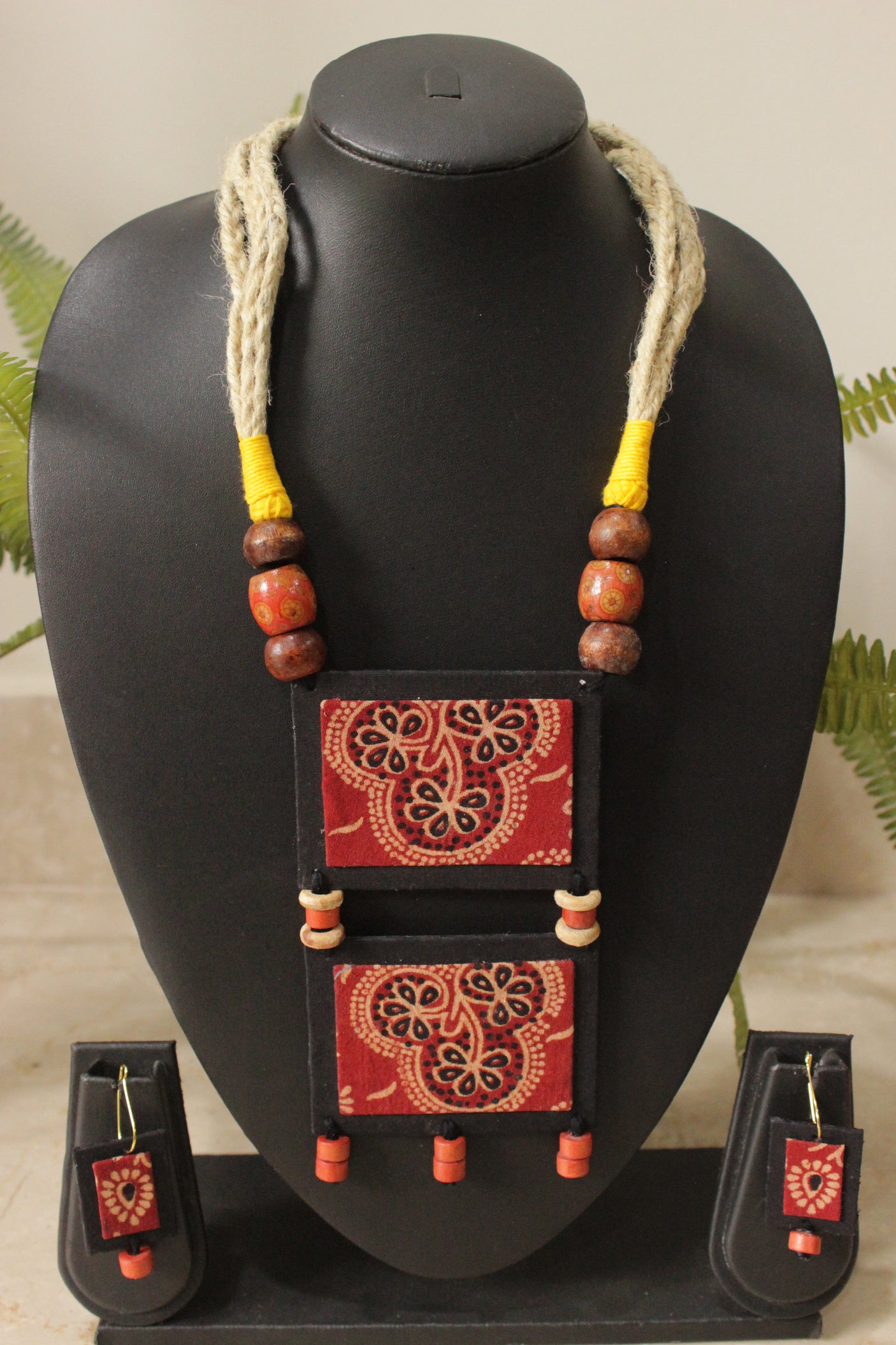 Black & Maroon Ajrakh Fabric Necklace Set with Adjustable Thread Closure Necklace Set