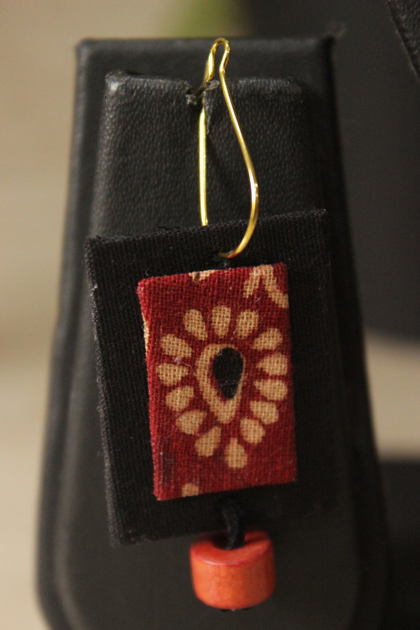 Black & Maroon Ajrakh Fabric Necklace Set with Adjustable Thread Closure Necklace Set