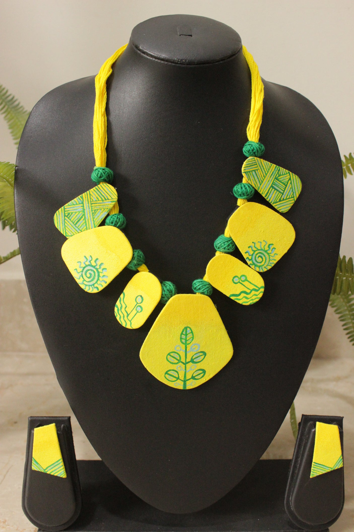 Vibrant Yellow and Green Hand Painted Fabric Choker Necklace Set with Adjustable Closure