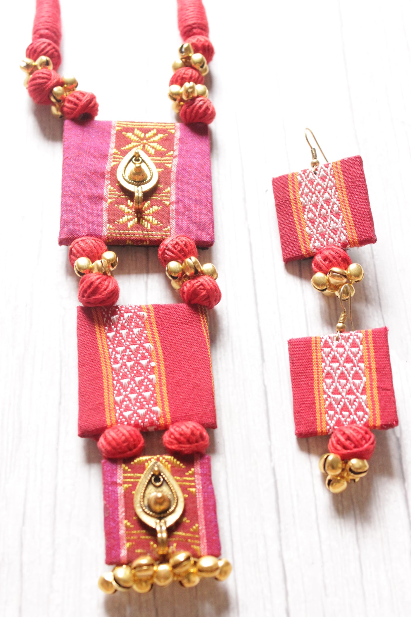 Fabric Handcrafted Ghungroo Embellished 3 Layer Pendant Necklace Set with Adjustable Closure