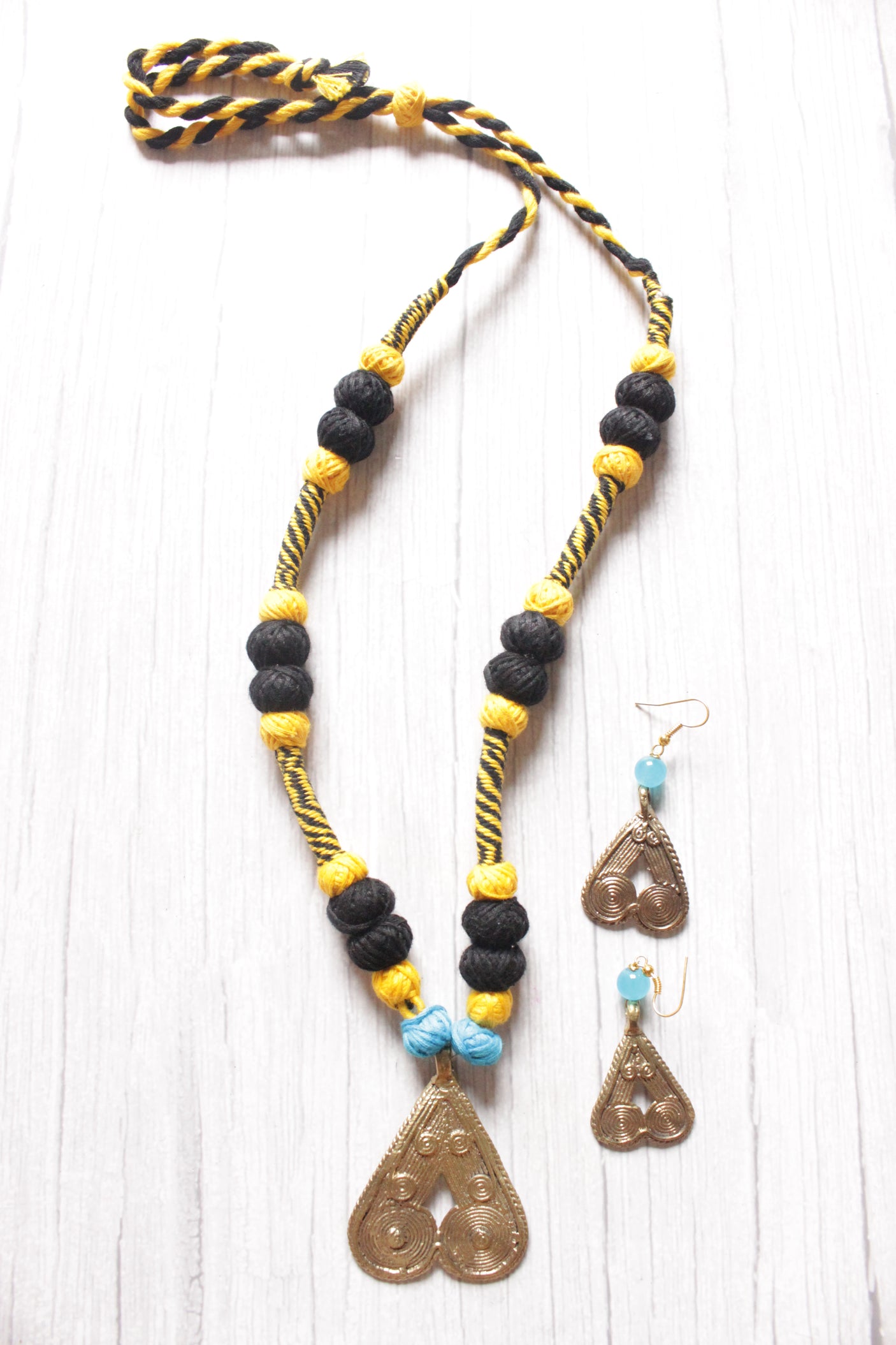 Fabric Beads Embellished Dhokra Pendant Handcrafted Necklace Set