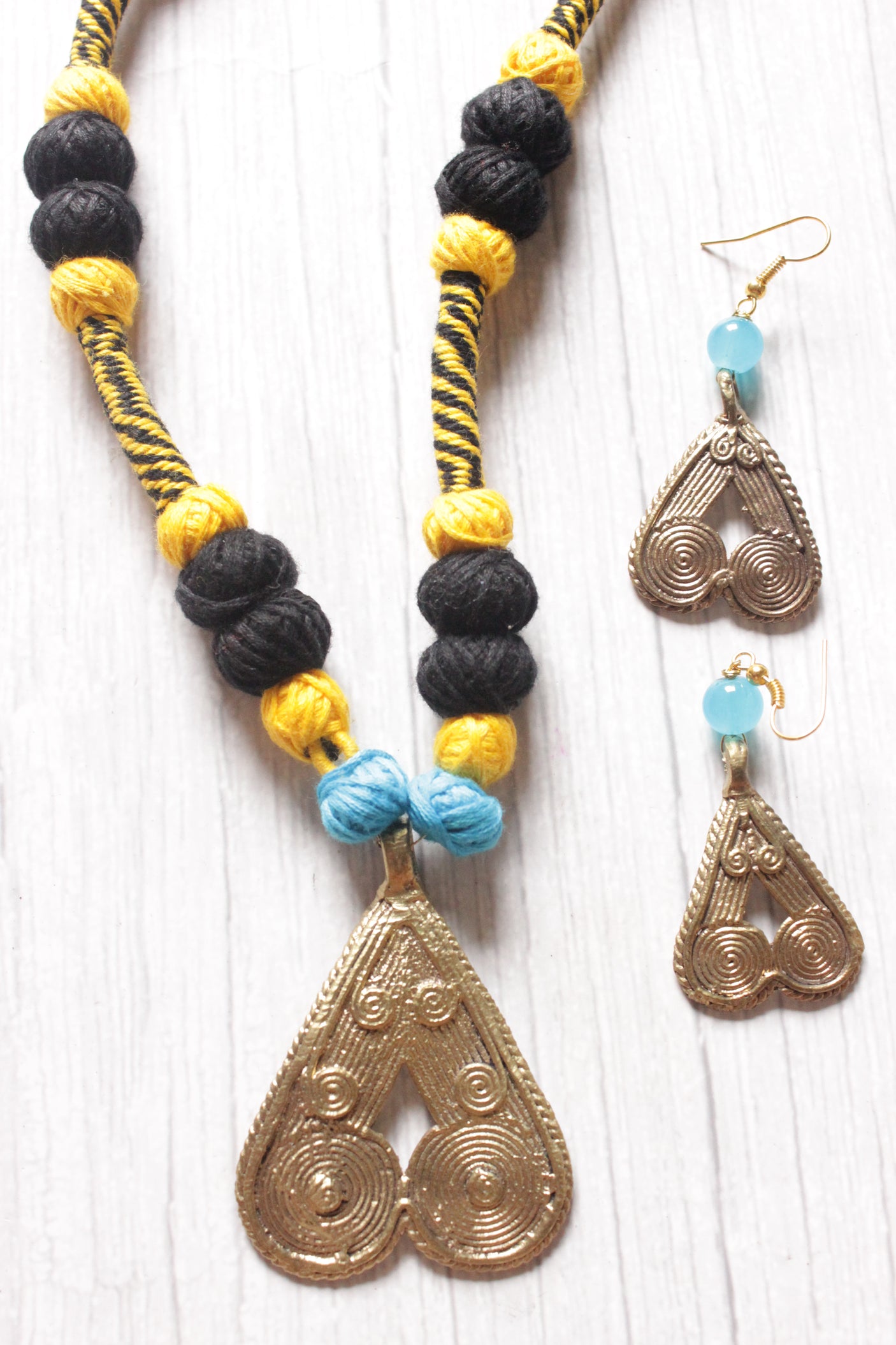 Fabric Beads Embellished Dhokra Pendant Handcrafted Necklace Set