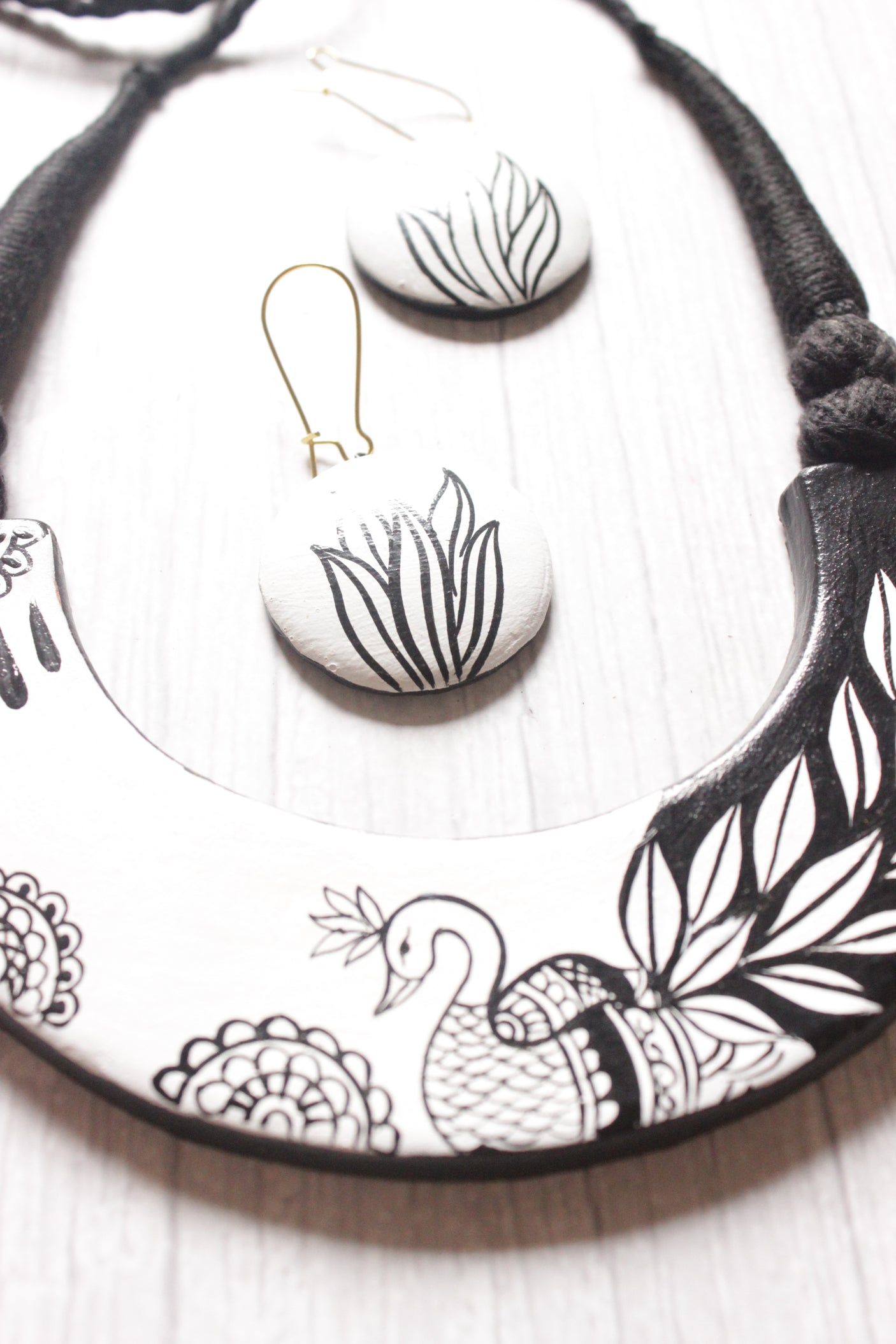 Monochrome Peacock Hand Painted Terracotta Clay Necklace Set with Adjustable Thread Closure