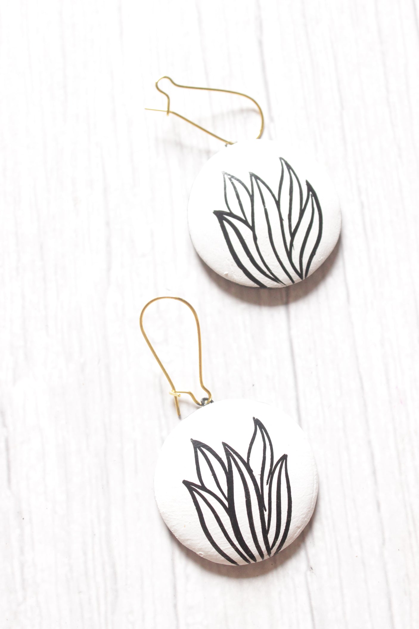 Monochrome Peacock Hand Painted Terracotta Clay Necklace Set with Adjustable Thread Closure