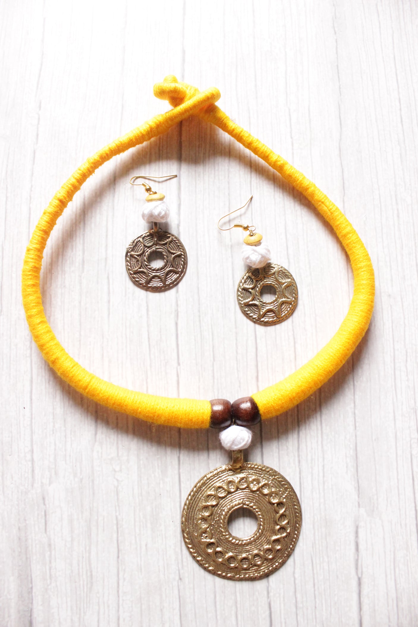 Yellow Hand Braided Dhokra Pendant Hasli Style Necklace Set