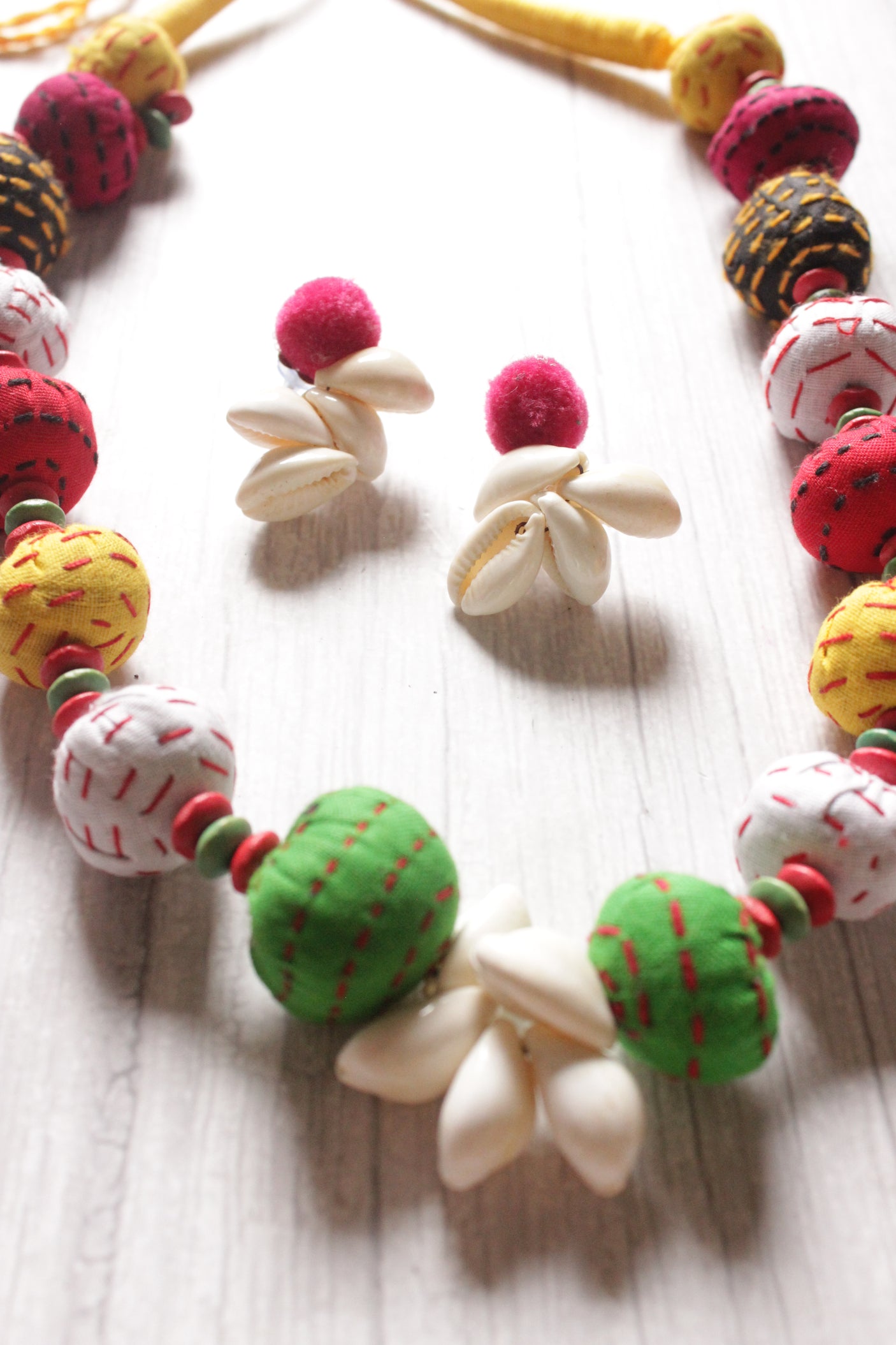 Multi-Color Hand Stitched Fabric Beads and Shell Work Fabric Necklace Set