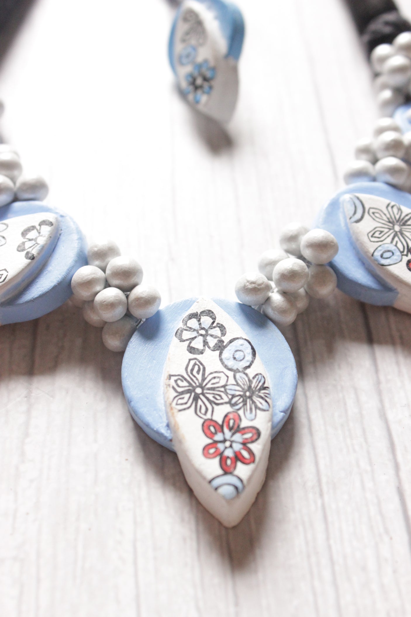 Sky Blue Flowers Hand Painted Terracotta Clay Choker Necklace Set with Adjustable Thread Closure