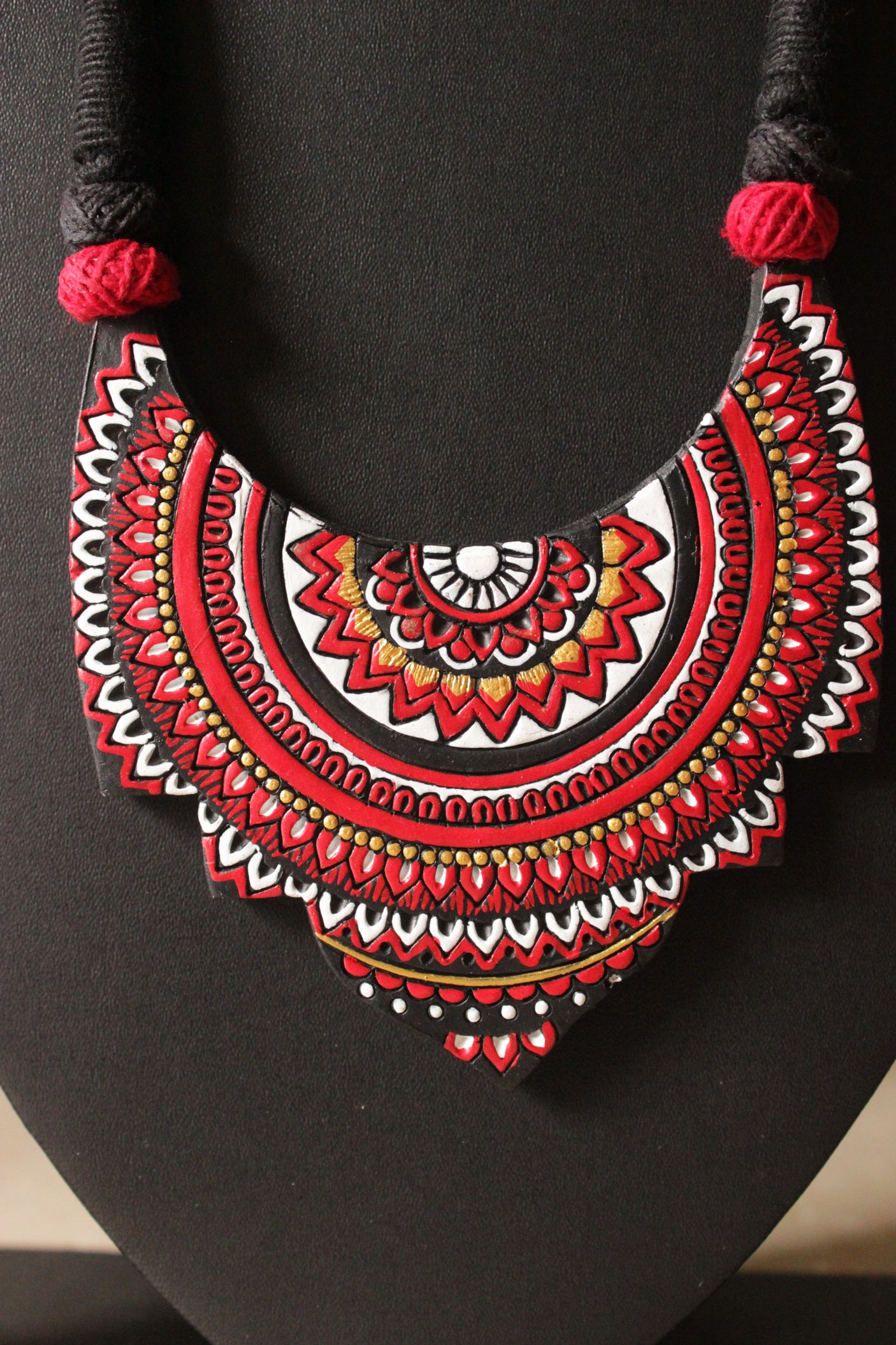 Intricately Detailed Black and Red Handcrafted Terracotta Clay Necklace Set