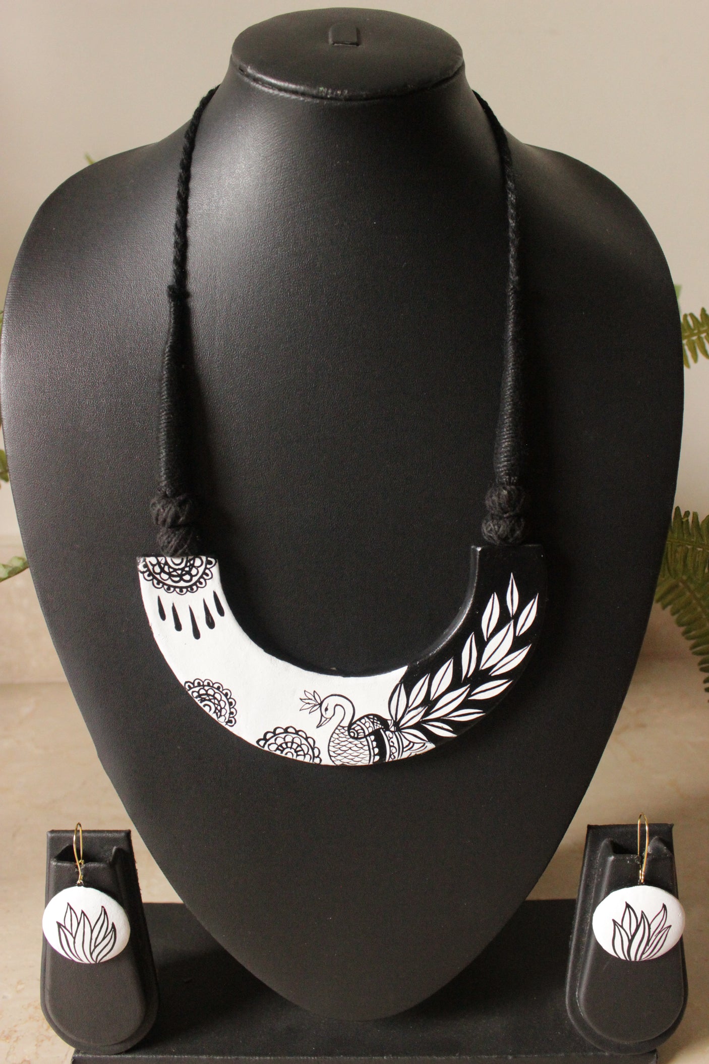Monochrome Peacock Hand Painted Terracotta Clay Necklace Set with Adjustable Thread Closure