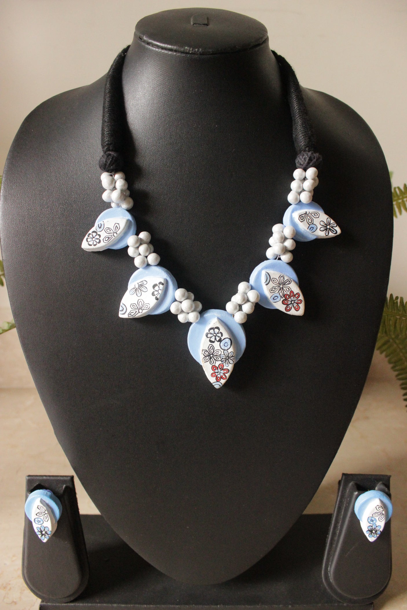 Sky Blue Flowers Hand Painted Terracotta Clay Choker Necklace Set with Adjustable Thread Closure